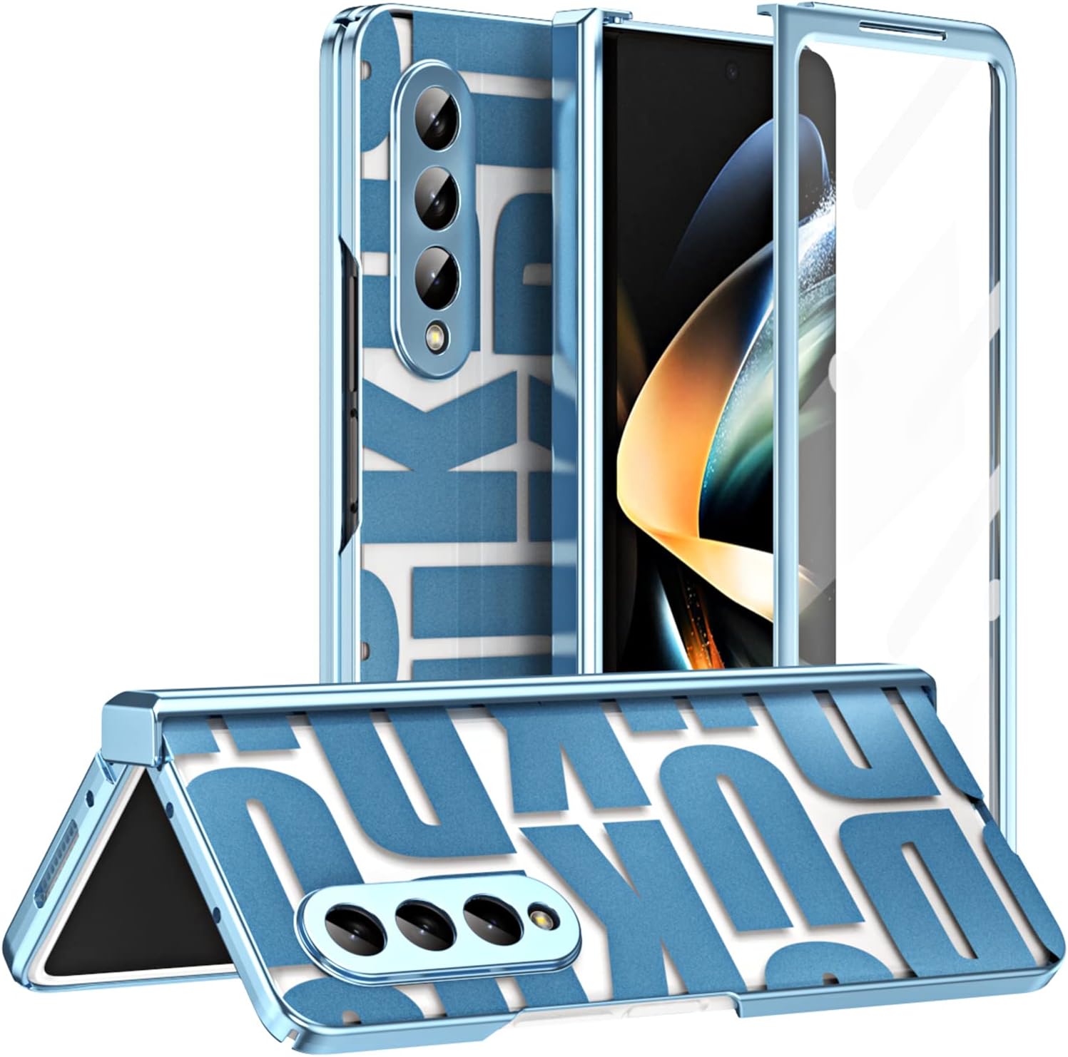 Case for Samsung Galaxy Z Fold 4 5G, Fashion Pattern Hinge Protection Clear PC Cover with Screen Protector, Full Protection (Blue)