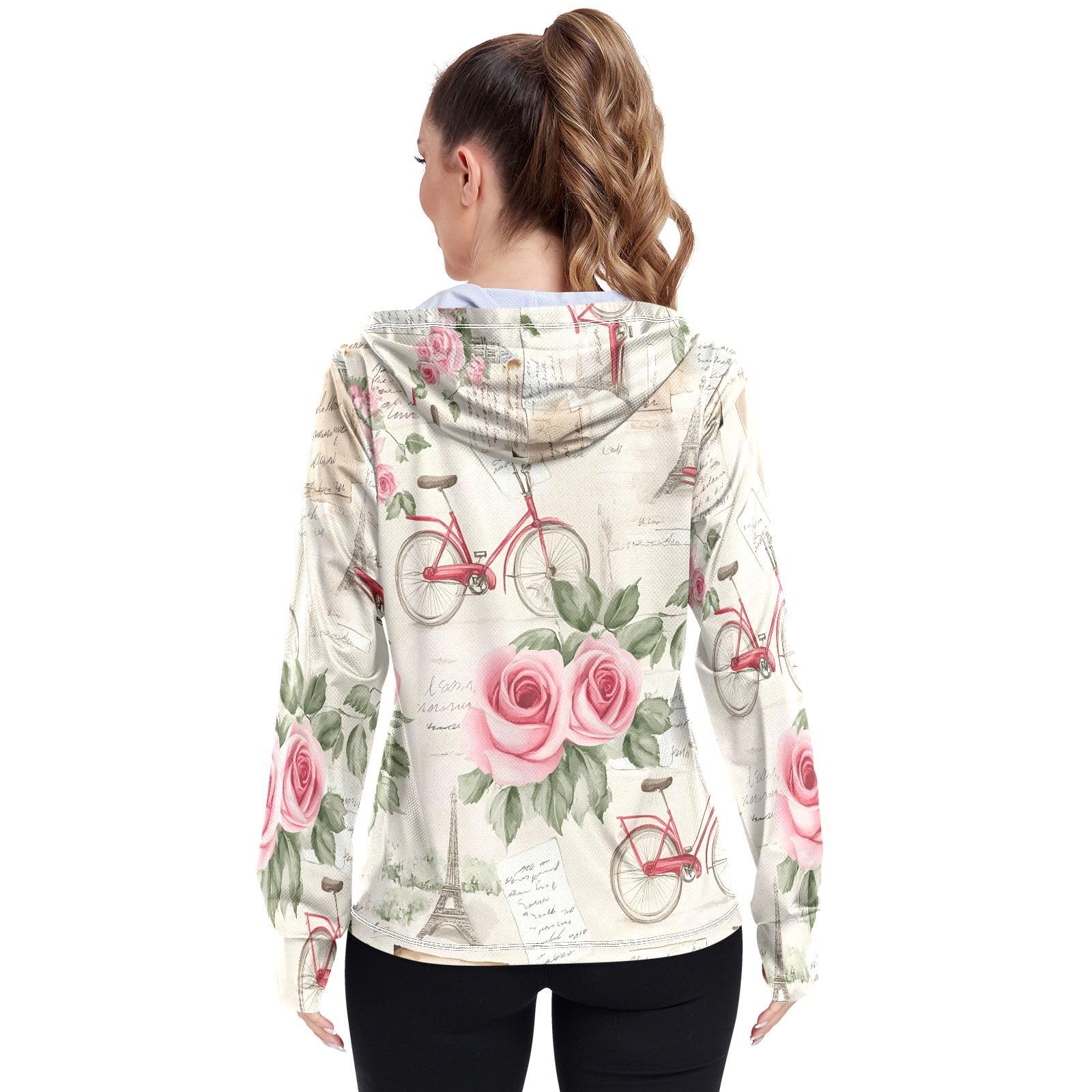 Nander Vintage Bicycle Newspaper Pattern Women's UPF 50+ Sun Protection Hoodie Jacket Full Zip Long Sleeve Sun Shirt