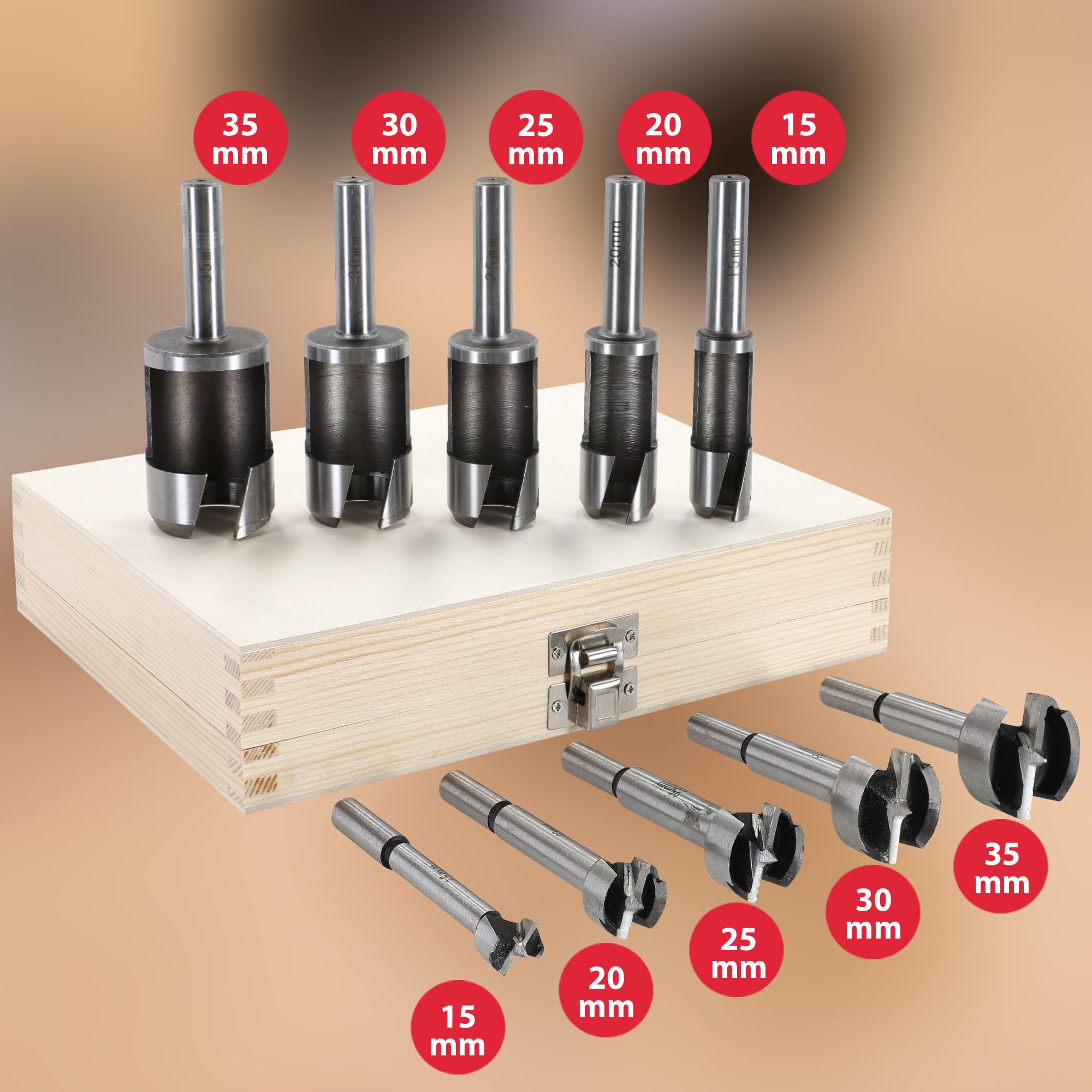 KOTARBAU® Juego de 10 brocas para madera (15-35 mm, con caja de madera)