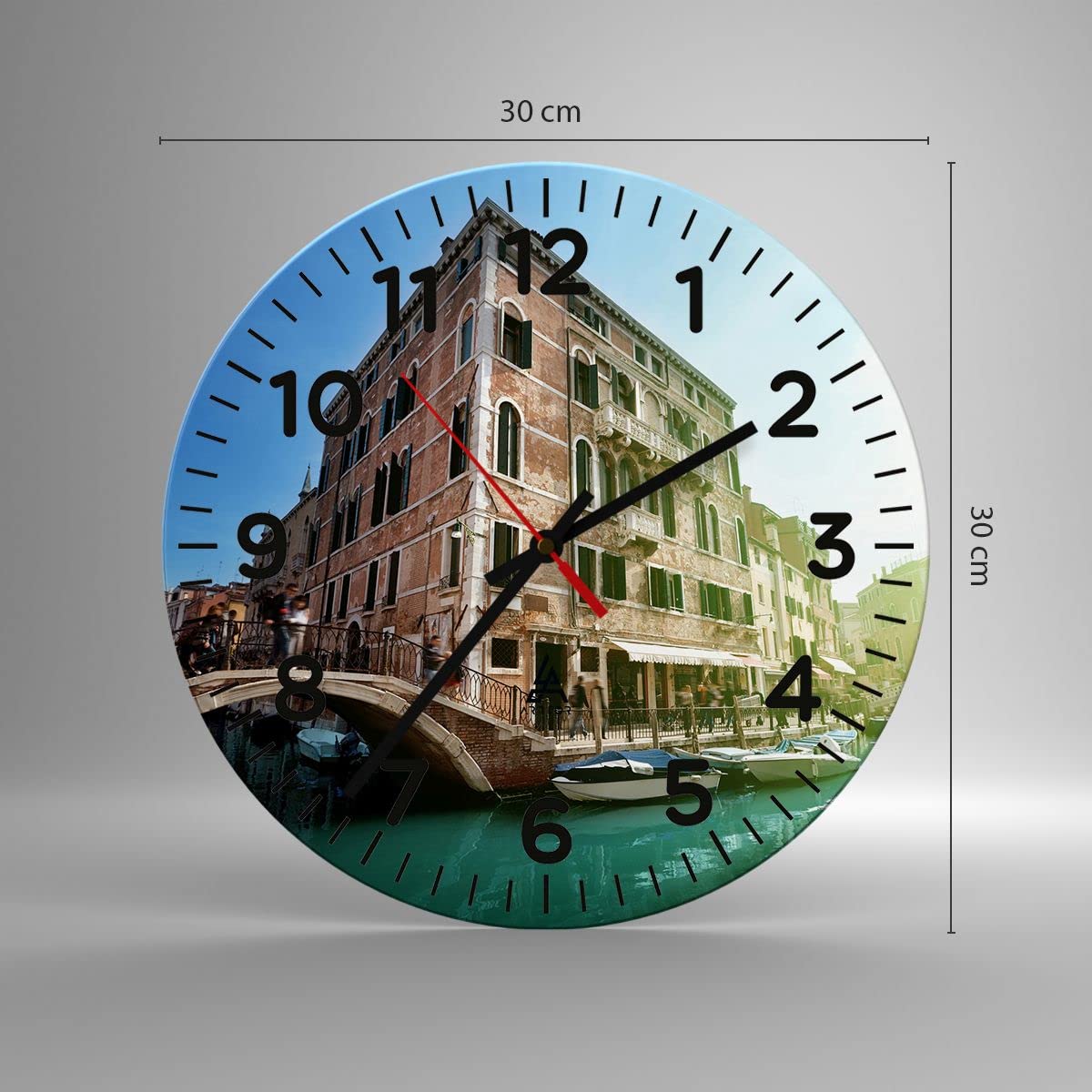 ARTTOR Zegar ścienny na szkle Kanał Woda Wenecja dom Nowoczesny 30x30 cm Dekoracja ścienna Salon Sypialnia Kuchnia Deko Cichy zegar na ścianę Duży Wall Clock Dekor C4AR30x30-2725