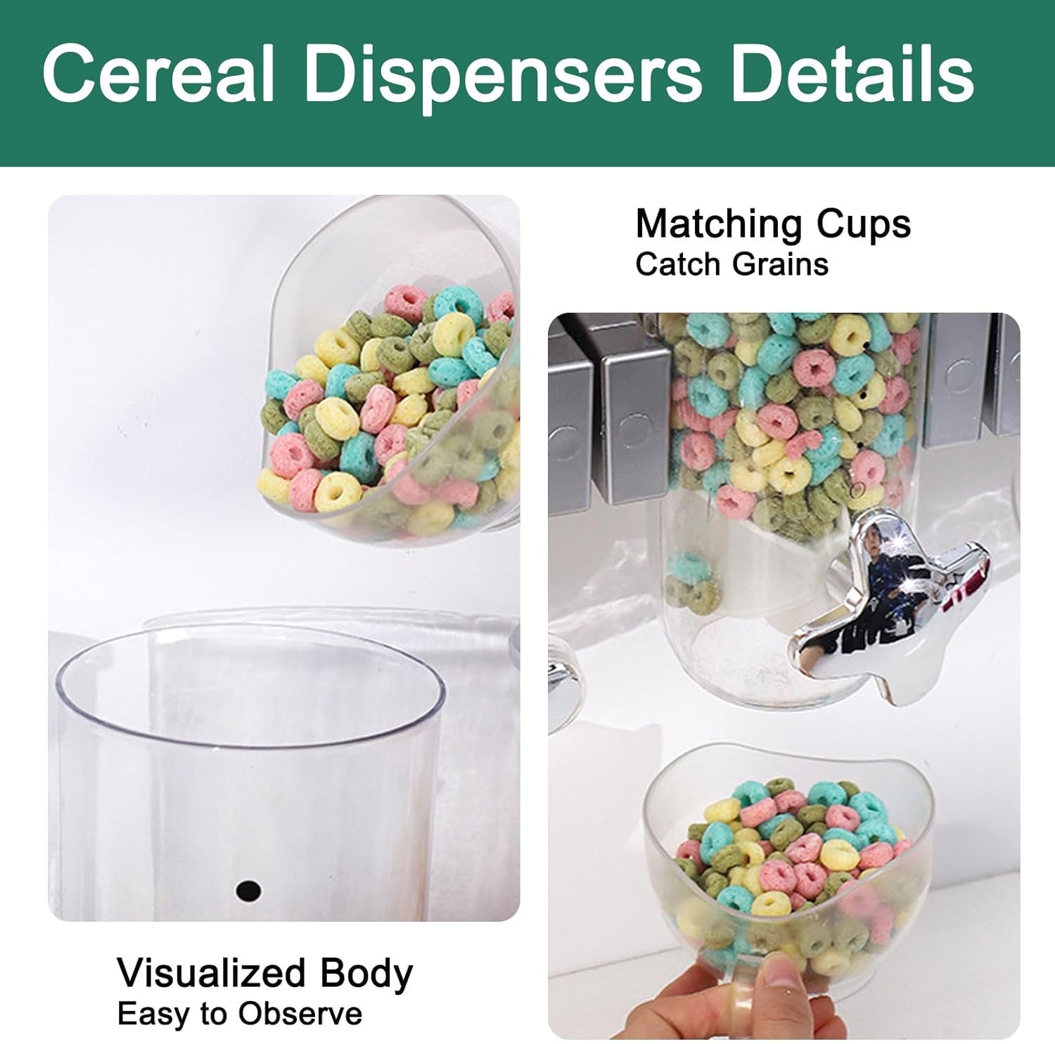Wall Mounted Cereal Dispenser, Dry Food Dispensers Large Capacity Candy Dispensers, Transparent Grain Dispenser for Kitchen Storage Oatmeal Snack Coffee Beans(Silver,Triple Head 5.4L)
