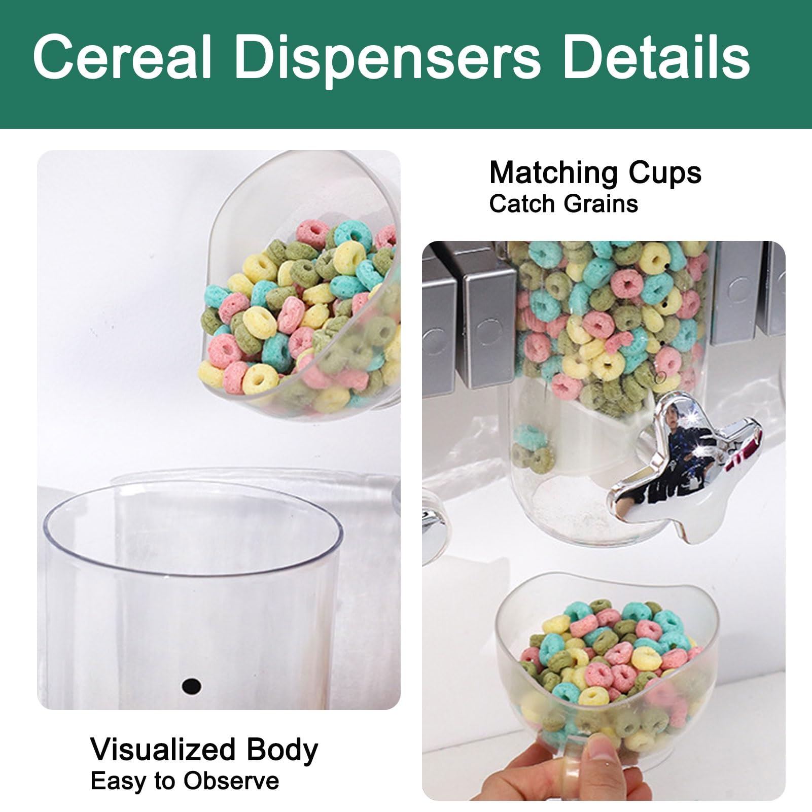 Dispenser per alimenti secchi, grande capacità, dispenser per cereali da parete, dispenser trasparente per cereali da cucina, farina d'avena, snack, chicchi di caffè, 1,8 l, testa singola