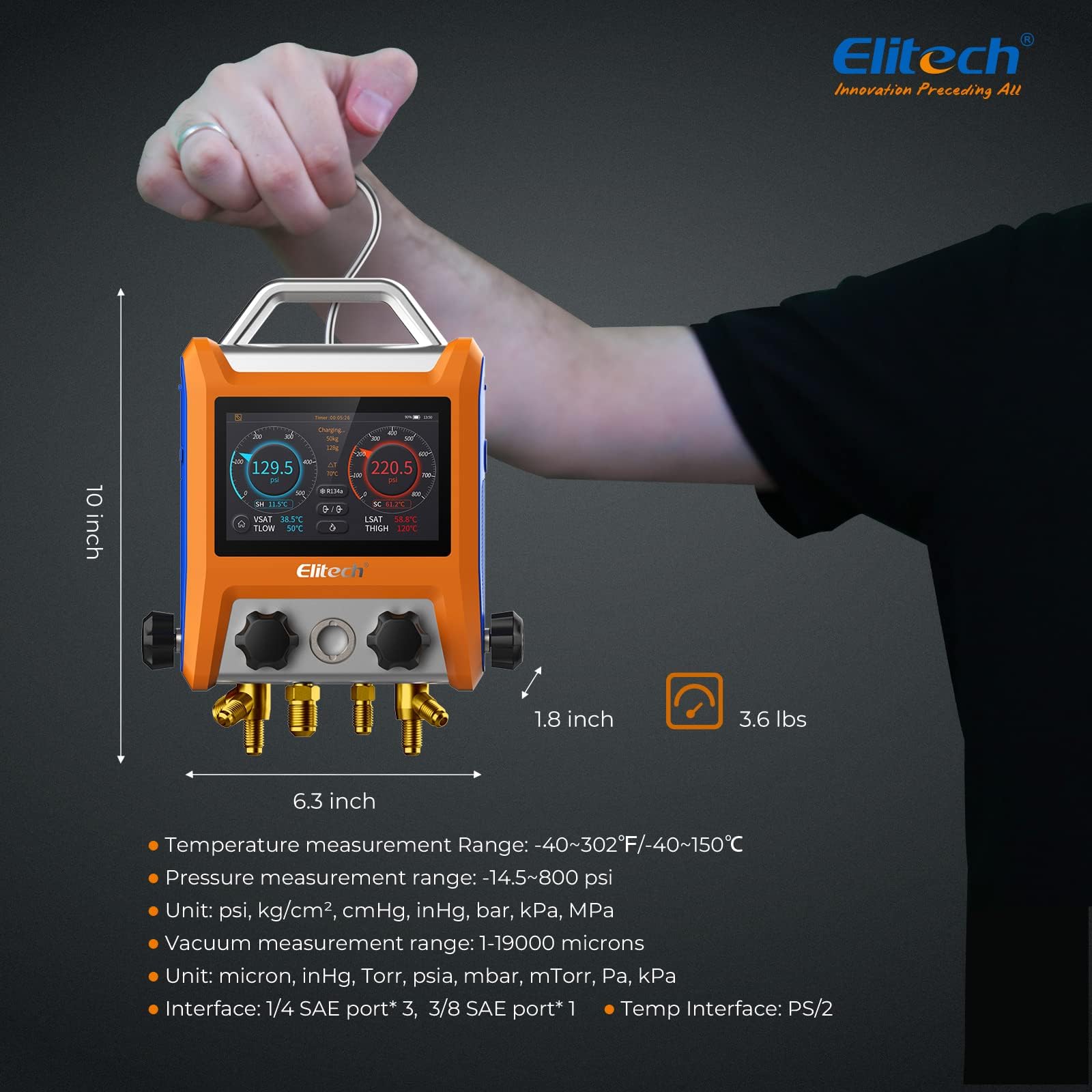 Elitech Manometr HVAC Inteligentny Czterodrożny EMG-40V - Precyzyjny Pomiar Ciśnienia I Temperatury, Kompatybilność Z Wieloma Czynnikami Chłodniczymi, Wyświetlanie Krzywych