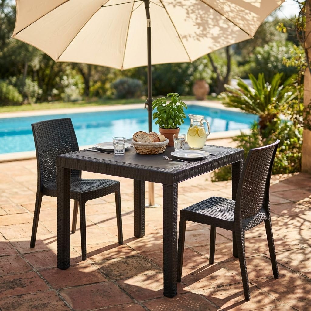 milani home Tavolo da Giardino Quadrato Fisso in Wicker Stampato Antracite Cm 80 X 80 da Esterno Giardino Terrazzo Portico Locale Bar