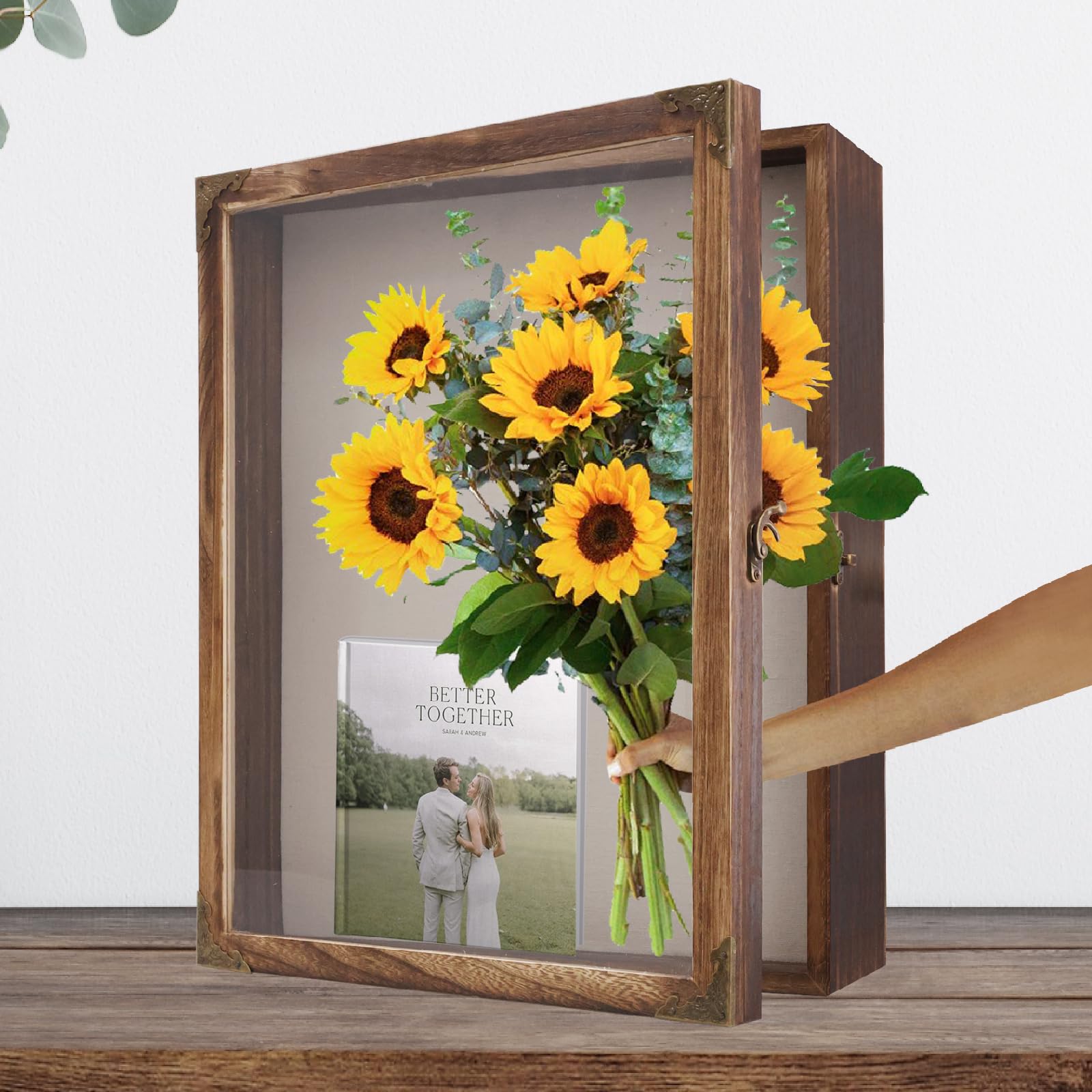 Shadow Box Frame 13x16, Large Memory Display Case with Retro Metal Corner Accents, Carbonized Wood Frame, Linen Back, and 10 Wooden Push Pins for Photos, Medals, Bouquets, and Keepsakes