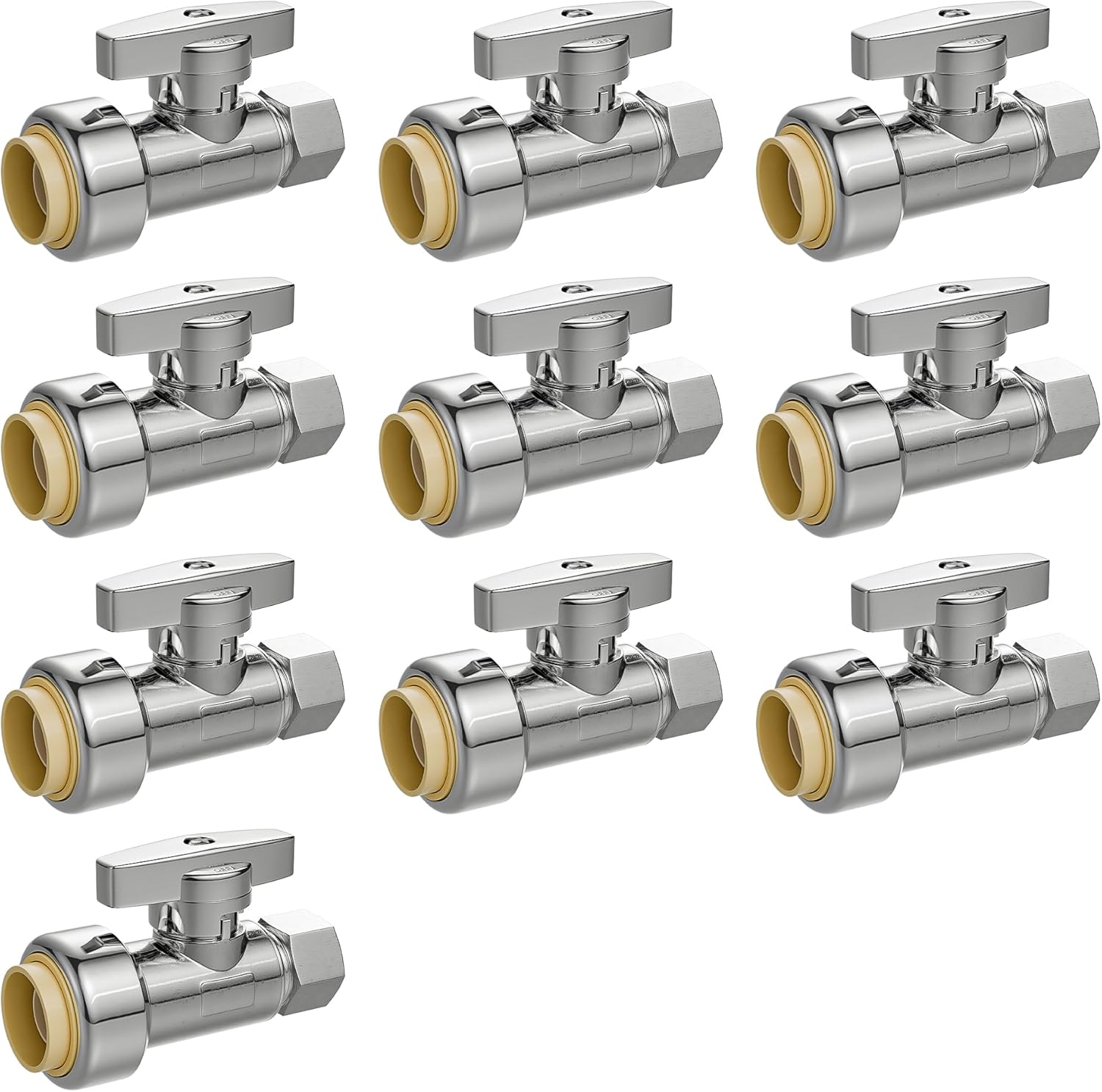 Push-Fit Straight Stop Valve 10-Pack, 1/2" Push x 3/8" OD Compression, 1/4 Turn Water Shut Off, Chrome Finish,Solid Brass,for Bathroom Sink PEX Pipe,Copper,CPVC