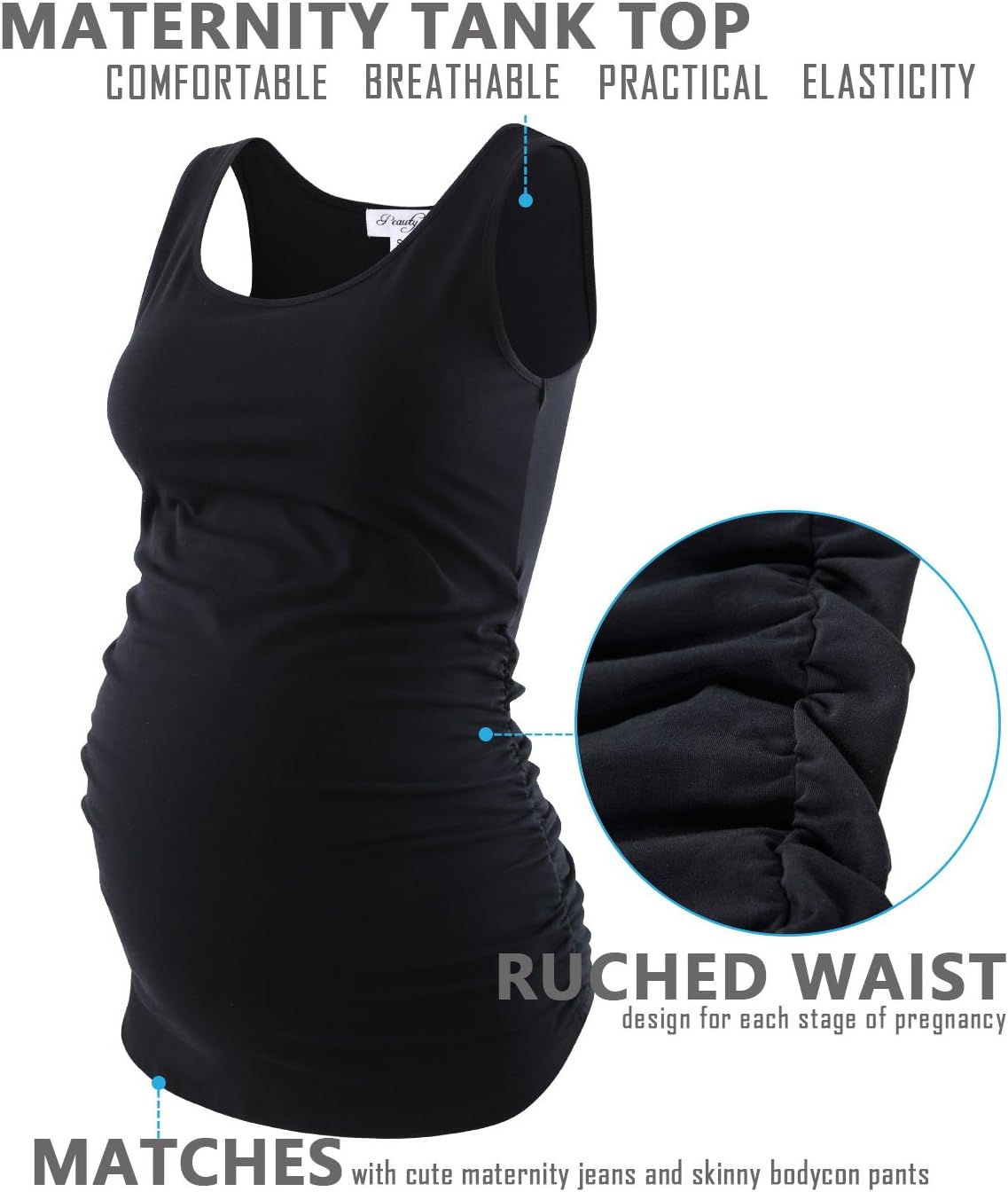 Peauty "Long Enough to Cover Hip Maternity Side Ruch Tank Tops/Basic Maternity Tops for Summer Casual Wear (S-3XL) - Image 3