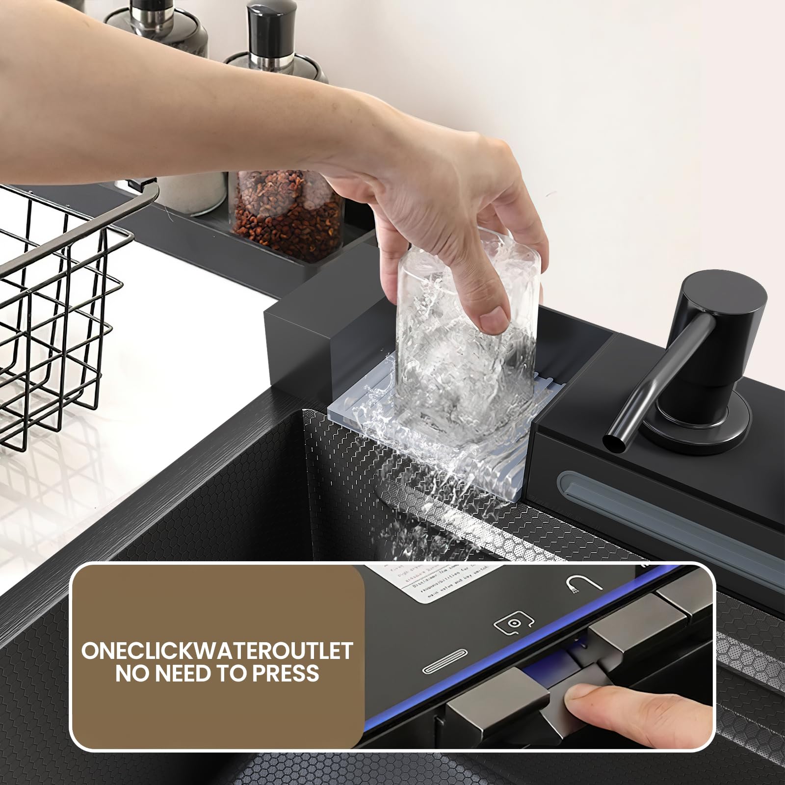 Fregadero de cocina, fregadero de cocina inoxidable con escurridor, pantalla LED, grifo cascada, doble riel deslizante, dispensador de jabón, para hogar y profesional, 75 x 45 cm