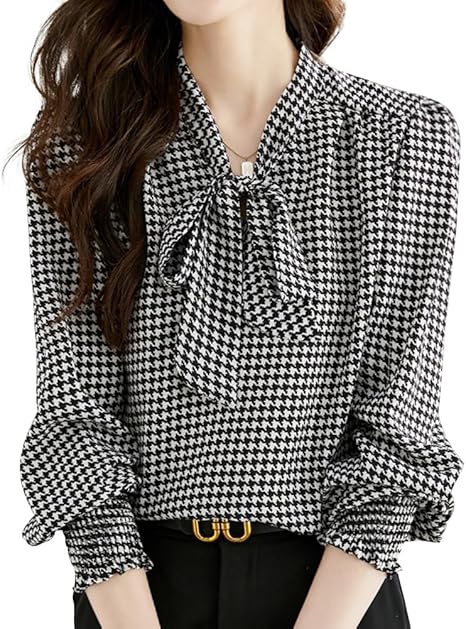 リボン 付き 千鳥柄 ブラウス 長袖 パフスリーブ バルーン袖 上品 エレガント リボン 付き 千鳥柄 ブラウス 長袖 パフスリーブ バルーン袖