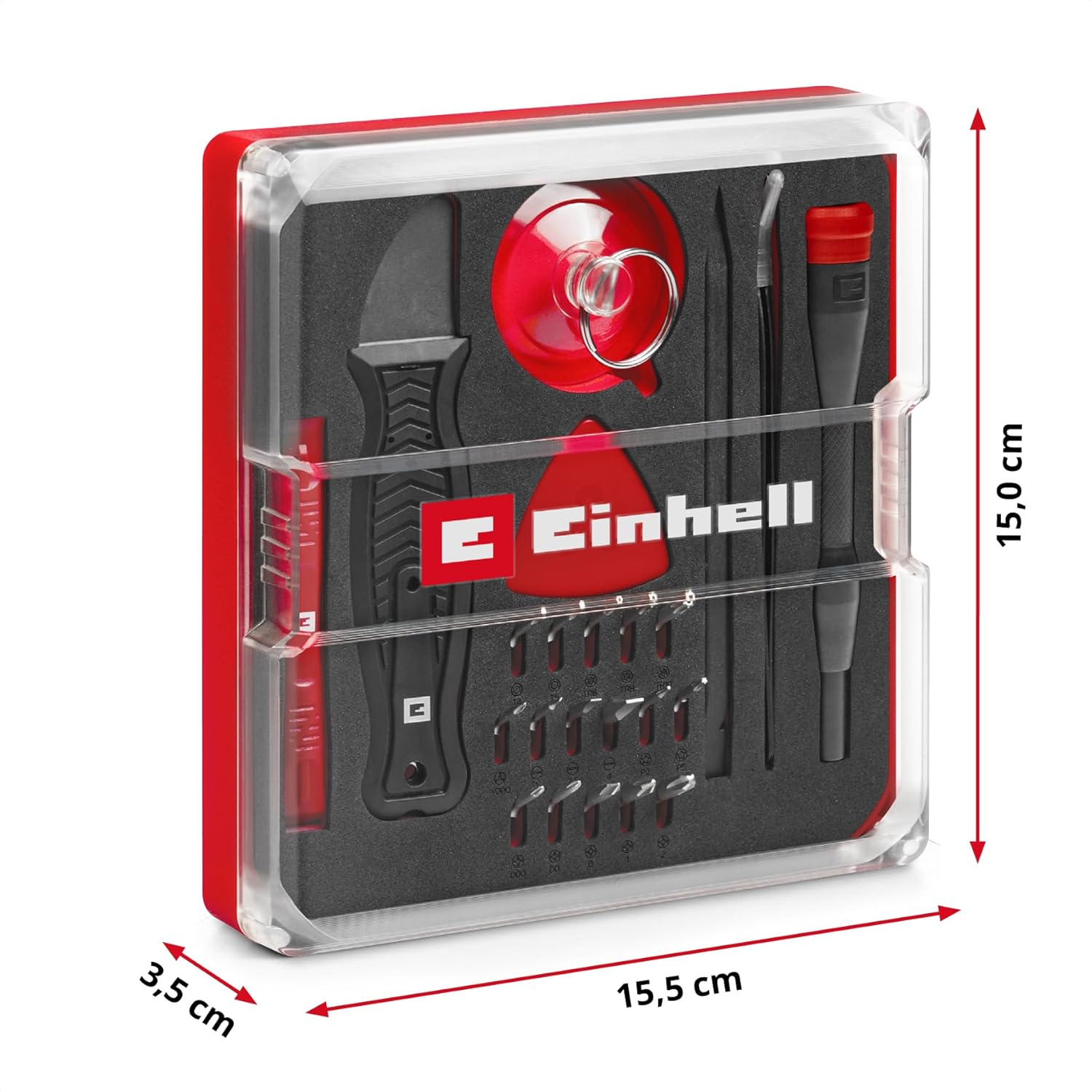 Original Einhell 28-Piece Precision and Electronics Repair Set (Precision Bits, Screwdriver Bit Holder, Curved Tweezers, Spudger, Lever Knife, Opening Tool, Opening Picks, Suction Lifter)