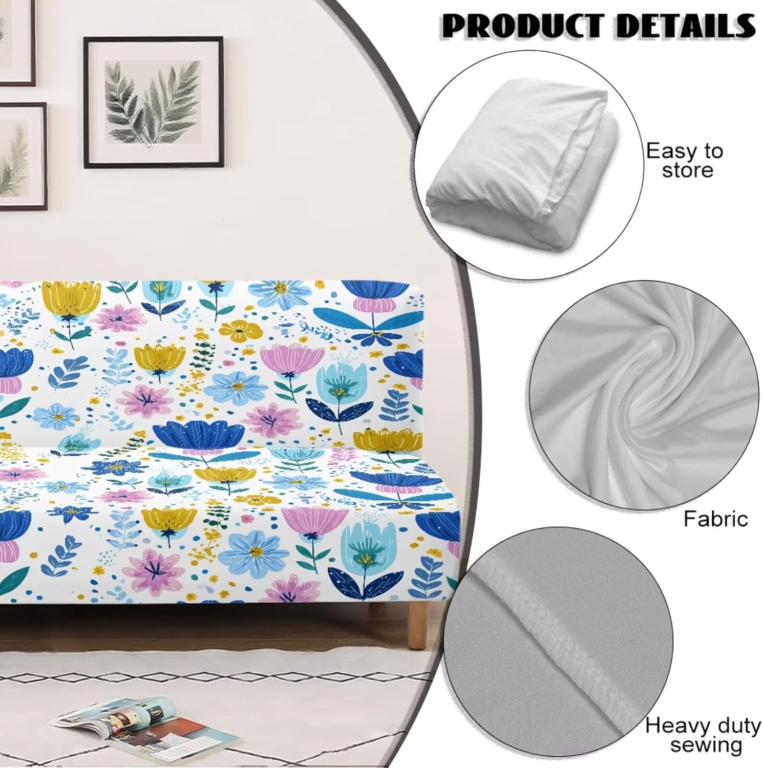 Armless Futon Sofa Cover Stretchable Futon Slipcovers Stretch Armless Sofa Couch Slipcover Furniture Protector for for Living Room Bedroom Decorations, Blue Flower