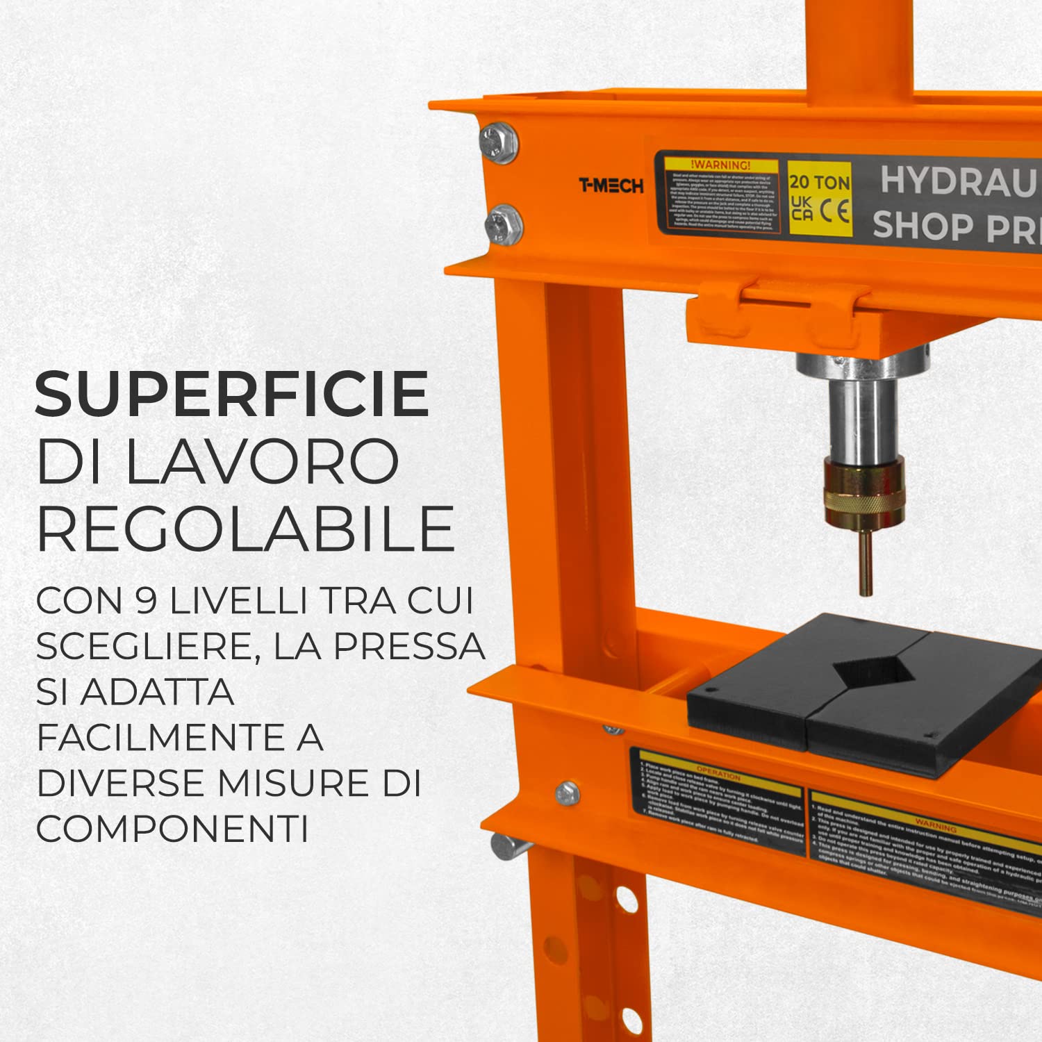 T-Mech Pressa idraulica da Officina 20 tonnellate da Pavimento in Acciaio Manometro Staccabile Pompa a Mano Regolabile 0-1015 mm Area di Lavoro Verticale Officina Garage 8 cilindri e 1 Adattatore