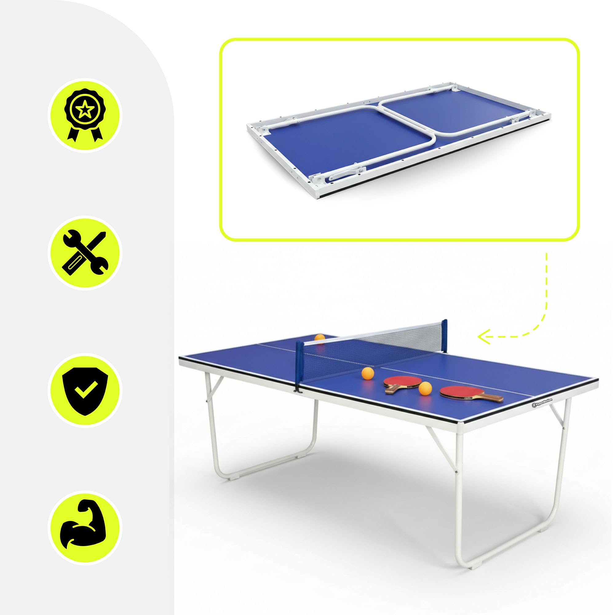 HyperMotion Mesa de Ping Pong Plegable para Casa, Mesa Compacta de Tenis de Mesa Indoor para Juego Recreativo, Diseño Ahorra Espacio con Red, 2 Palas y Pelotas, Mesa Familiar para Niños y Adultos