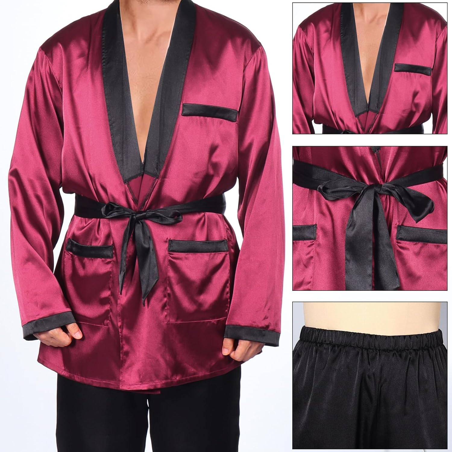 Men Red Silky Robe Jacket with Black Pants Includes Captain Hat and Toy Prop Sunglasses Bunnygirl Cosplay Costume - Image 3