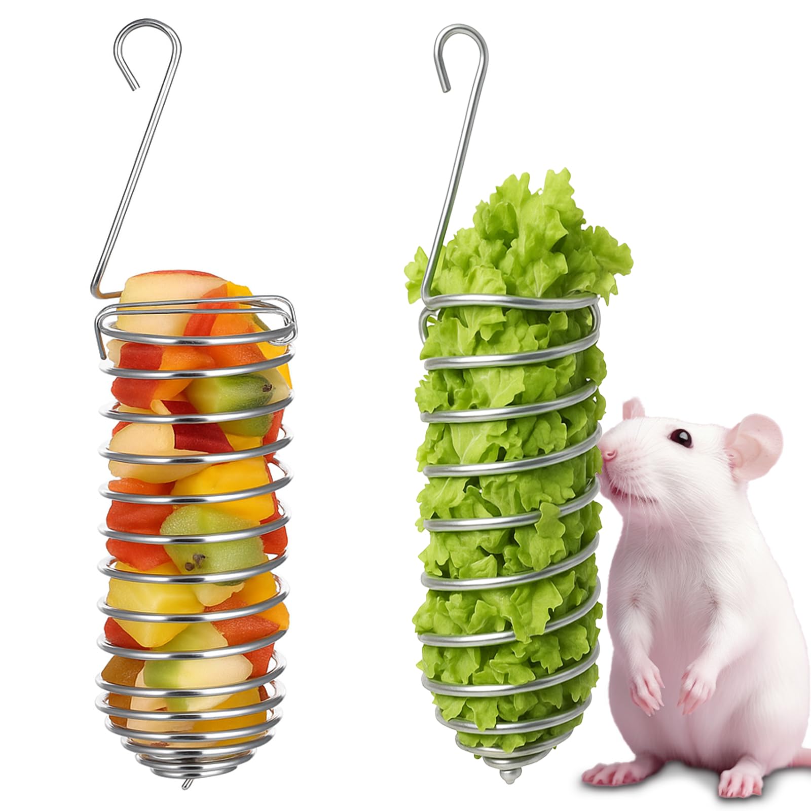 2Pcs Rat Enrichment Toys Stainless Steel Bird Food Holder Rat Parrot Foraging Toy Hanging Rodent Toy Fruit Vegetable Holder Puzzle Toy Slow Feeder Parakeet Foraging Mice Cage Accessories