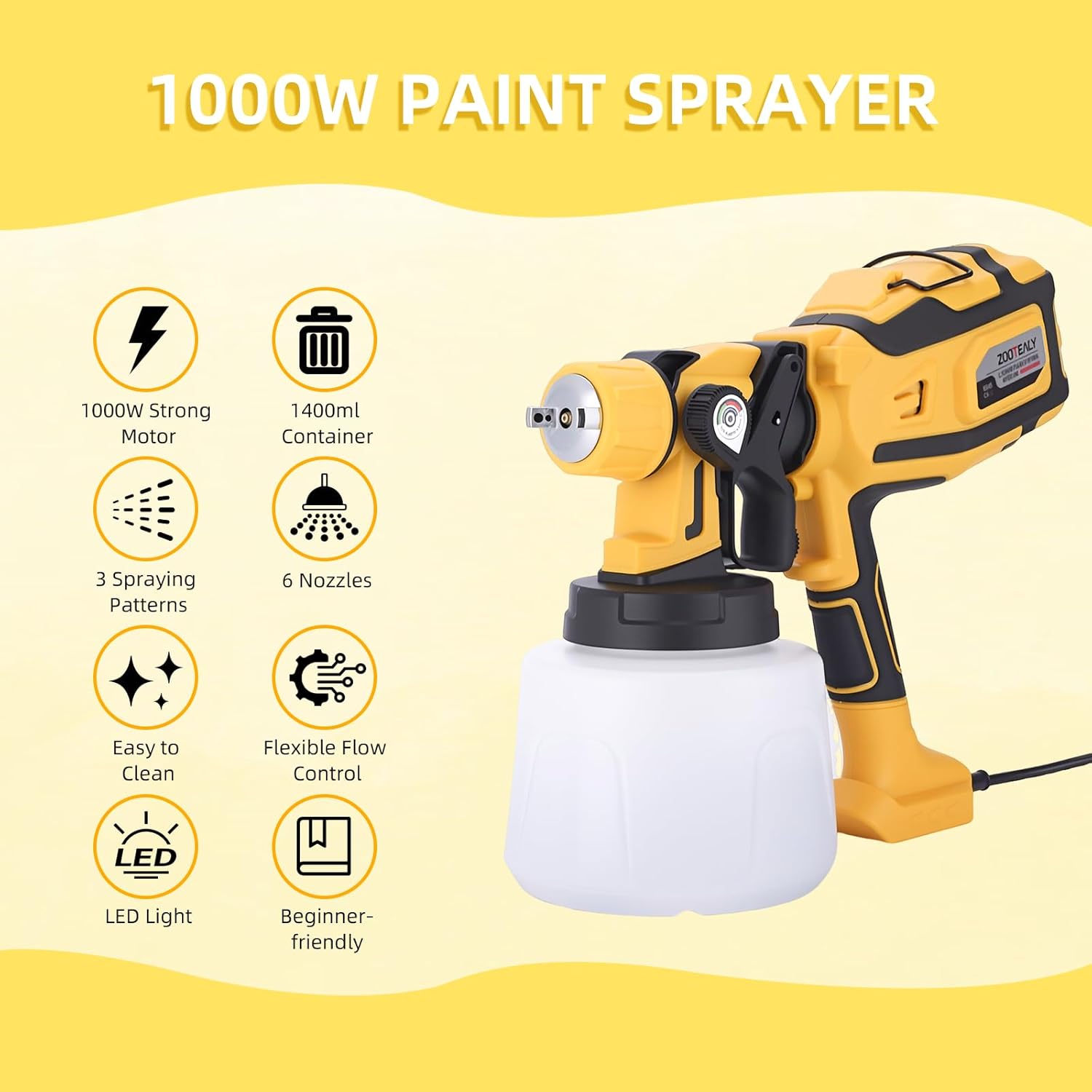 Paint Sprayer: 1000W Electric HVLP Spray Paint Gun with Cleaning & Blowing Joints - 1400ML Container - 6 Nozzles and 3 Patterns - LED Light - Handheld Corded Paint Sprayer for House Painting
