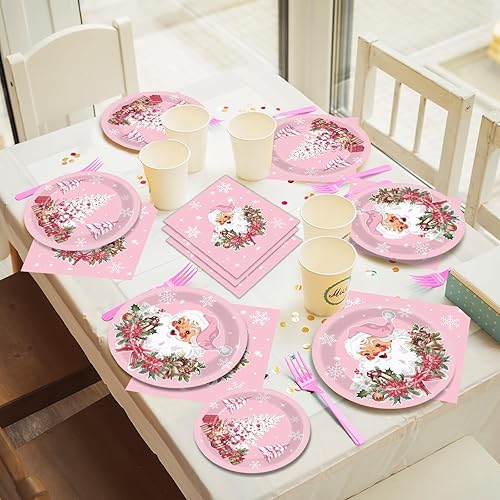 Miniatura 7 de Juego de vajilla rosa para fiesta de Navidad, 96 piezas, suministros de fiesta de copos de nieve de Papá Noel, platos desechables para árbol de