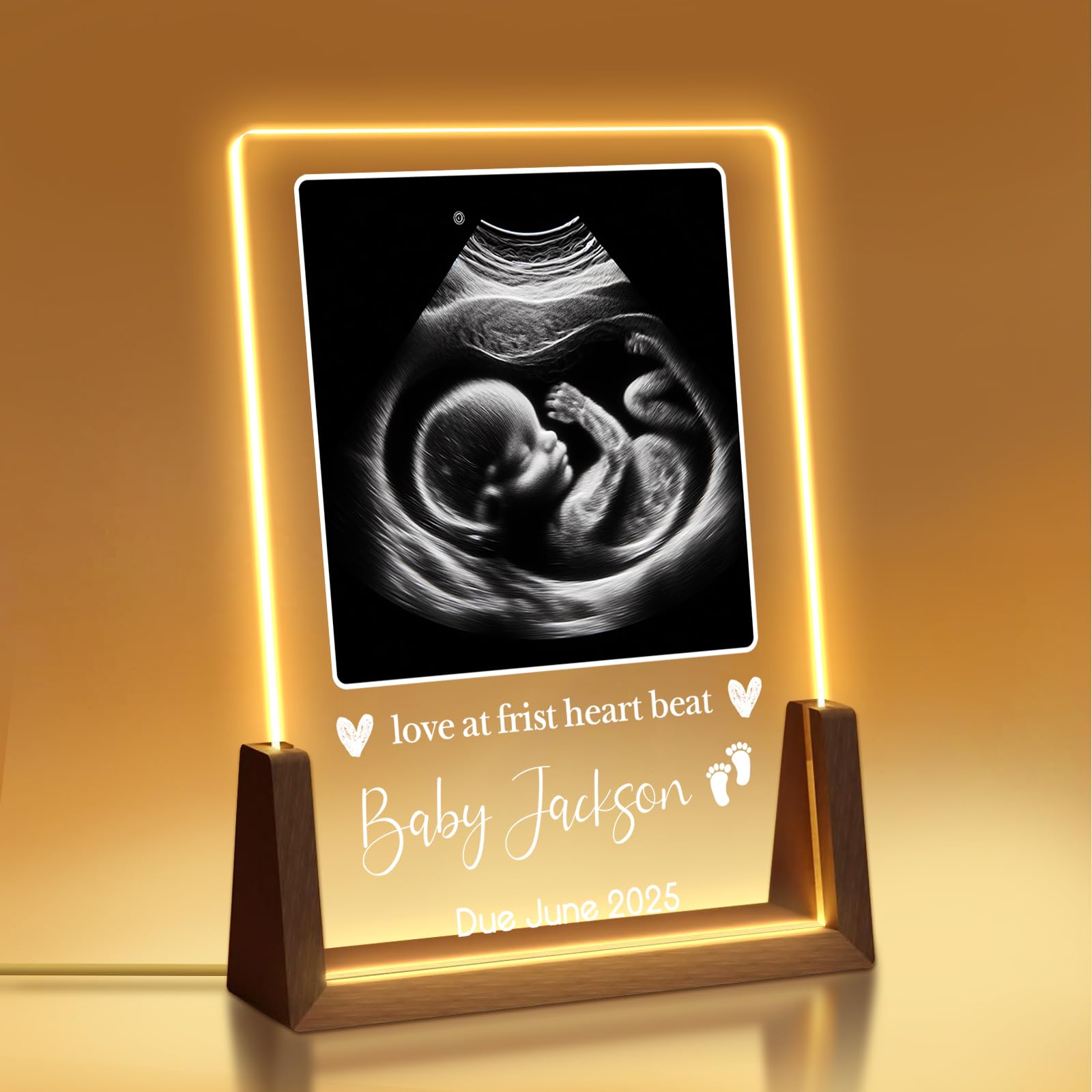 Personalized Ultrasound Picture Frame LED Night Light, Pregnancy Gift for New Moms, Custom Acrylic Plaque with Sonogram Photo, Gender Neutral Love at First Sight Baby Keepsake Nursery Decor