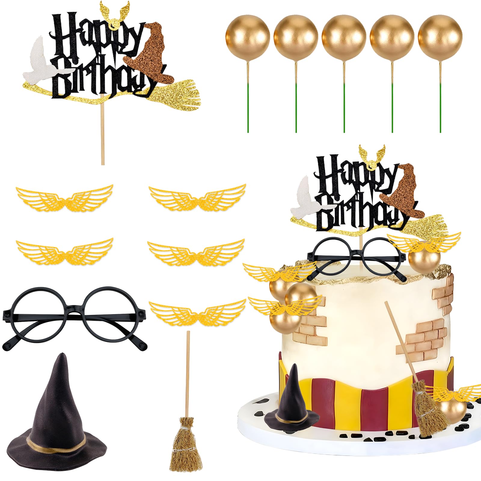Photo 1 of Rismise Wizard Cake Topper 14PCS Magical Wizard Themed Cake Decorations Gold Ball Cupcake Cake Picks with Glasses Wings Hats for Halloween Birthday Magical School Party Supplies