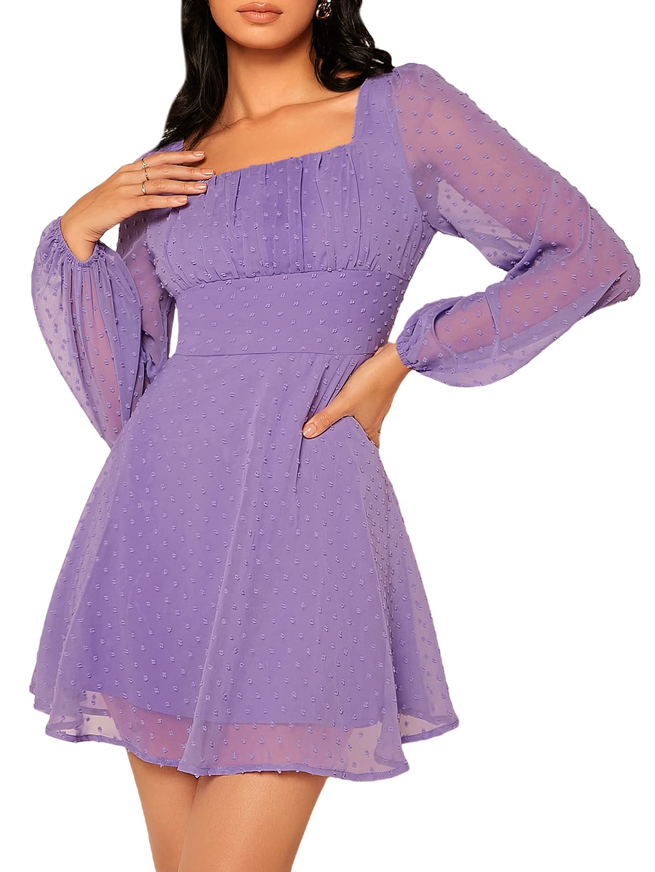 WDIRARA Women's Polka Swiss Dots Mesh Square Neck Dress