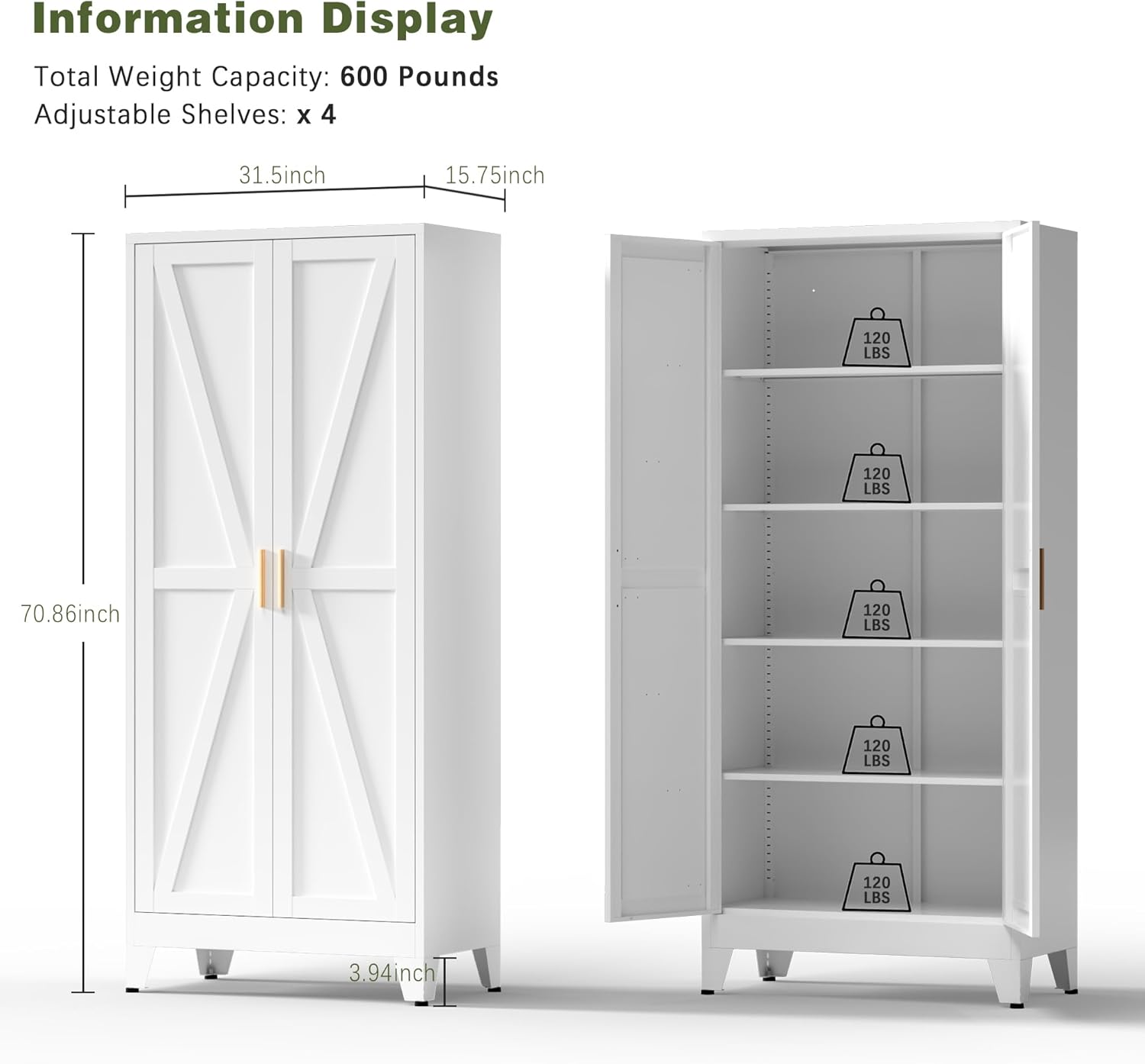Diagram showing dimensions and weight capacity of the COFaR 5 Tier Metal Farmhouse Storage Cabinet