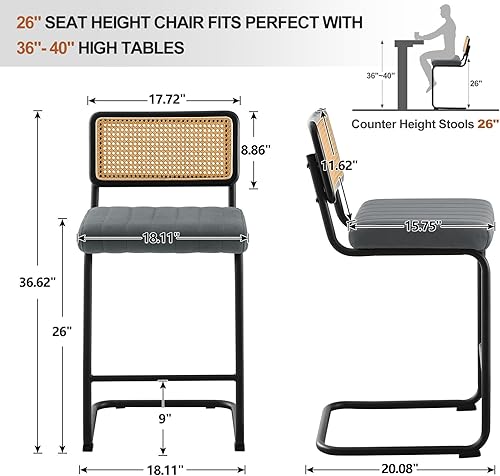 Miniatura 2 de Bekrvio Juego de 2 taburetes de bar de altura de mostrador, taburete de ratán de 26 pulgadas, taburete de bar tapizado de terciopelo con respaldo de