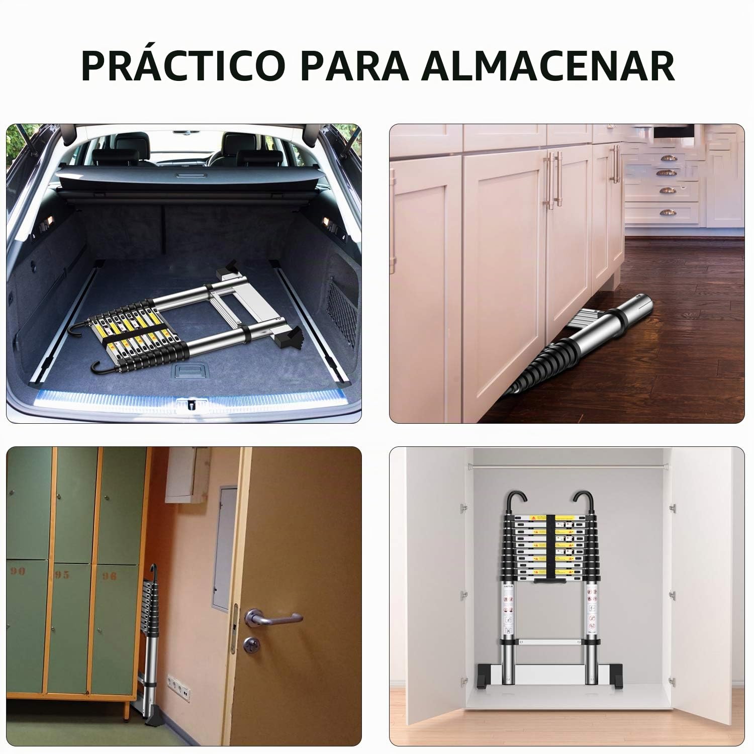 Escalera Telescópica 2,9m, Escalera de Aluminio Extensible con Gancho, Escalones Ajustables, para Desván, Limpieza de Canalones, Limpieza de Ventanas, Organización de Almacenamiento, etc.
