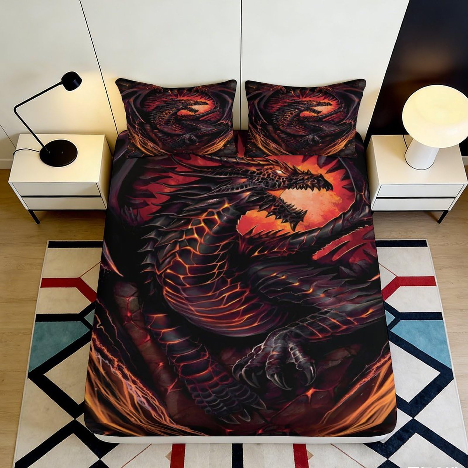 3D Printed dragon Fitted Sheet, soft touch Microfiber, apartment bedding, stylish room accent, wrinkle resistant, bedroom decor, easy care, anti-dust 90x200x25cm