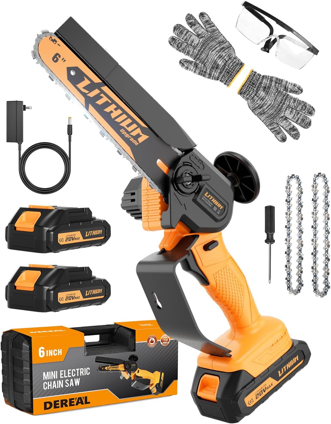 6 Inch Battery Powered Mini Chainsaw Cordless, 20V Portable Handheld Electric Chainsaws with 2 Batteries 2 Chains for Tree Trimming, Wood Cutting, Yard & Garden