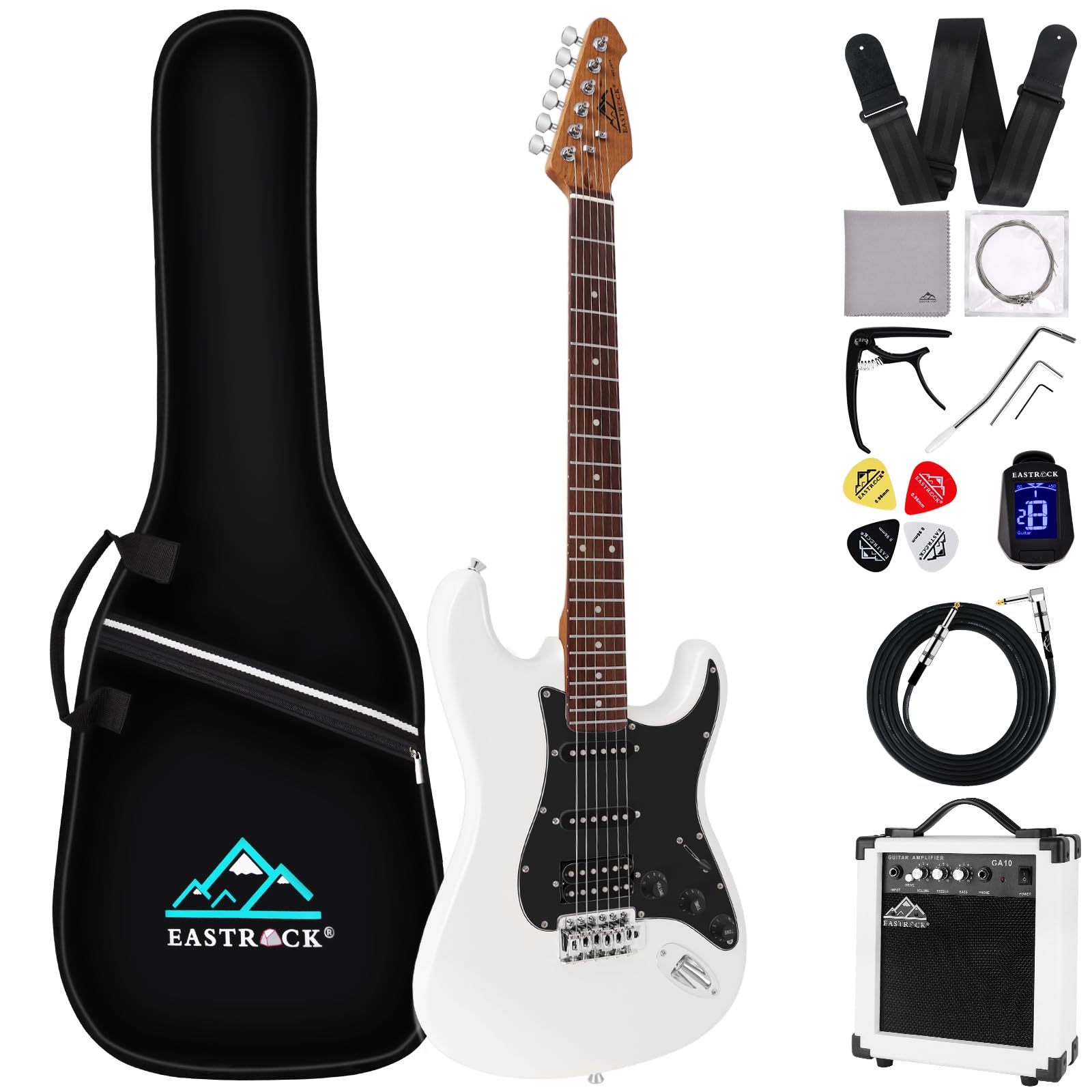 Eastrock 39 inch Full-Size Electric Guitar Kit for Junior Beginners, Starter Electric Guitar with 10w Amplifier Bag Capo Shoulder Strap String (White, 39" Right Handed)