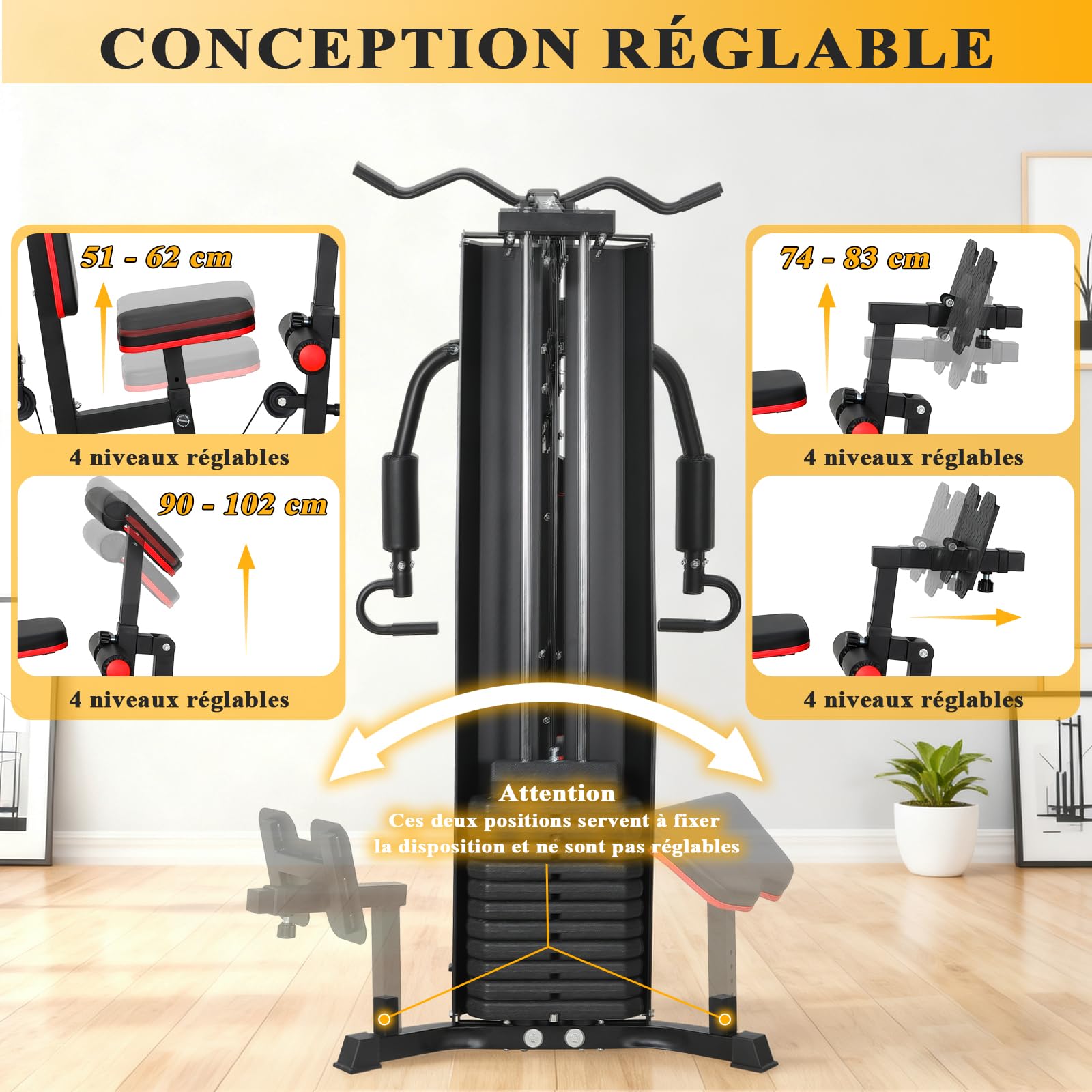 Station de Musculation Multifonction, Banc de Musculation Complet, Barre de Traction Cage Station Machine Musculation avec Poids, Fitness Domicile Home Gym Bras/Épaules/Poitrine/Dos/Jambe