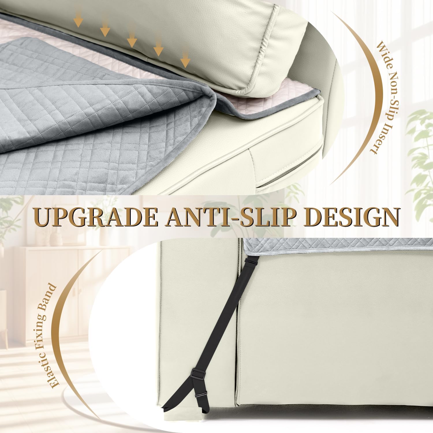 Velvet 100% Waterproof Couch Cover for Dogs Washable Sofa Covers for 3 Cushion Couch Pet Friendly Sofa Slipcovers Set Non Slip Quilted Furniture Protector with Pockets (Large, Silvery Grey)