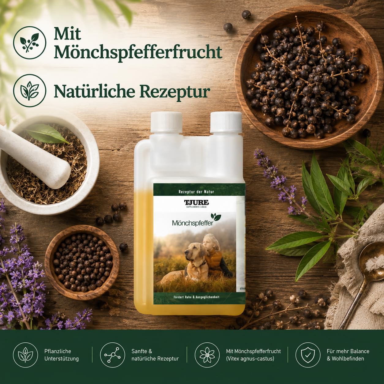 TJURE Mönchspfeffer Liquid für Hunde | 500 ml | Ergänzungsfuttermittel für Hunde mit Mönchspfeffer | Pflanzliche Rezeptur zur Unterstützung in besonderen Phasen | Made in Germany