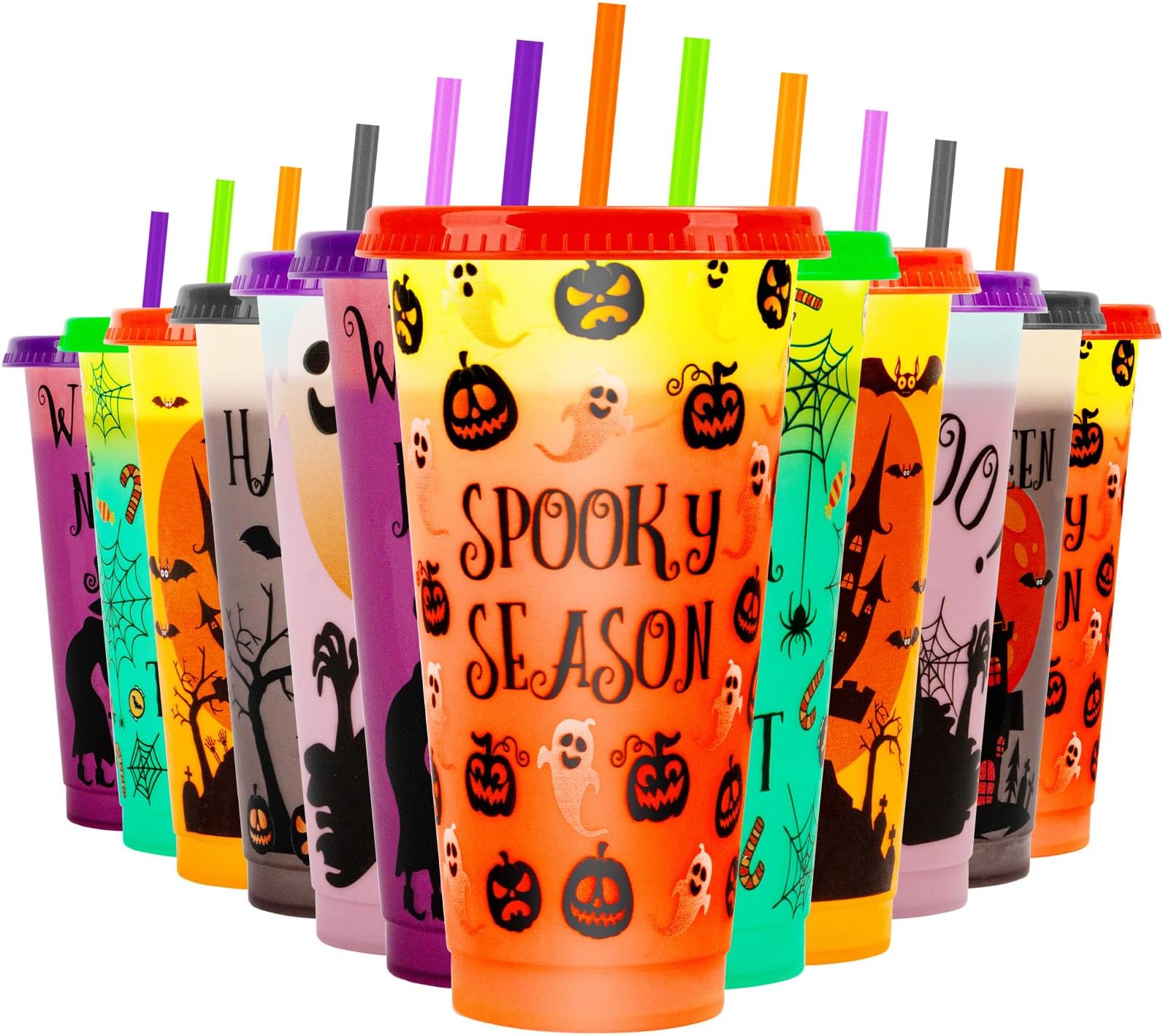 VoziSpace Halloween Decorations Color Changing Reusable Cups with Lids and Straws - 12 Pack 24 oz Plastic Tumblers Bulk with Lids and Straws - Reusable for Party Cups
