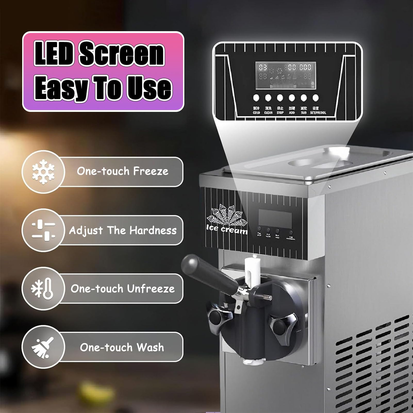 Máquina comercial de helado, máquina de helado de un solo sabor, 4-5 kg/h, limpieza automática y preenfriamiento, para bares, restaurantes, naranja, morado