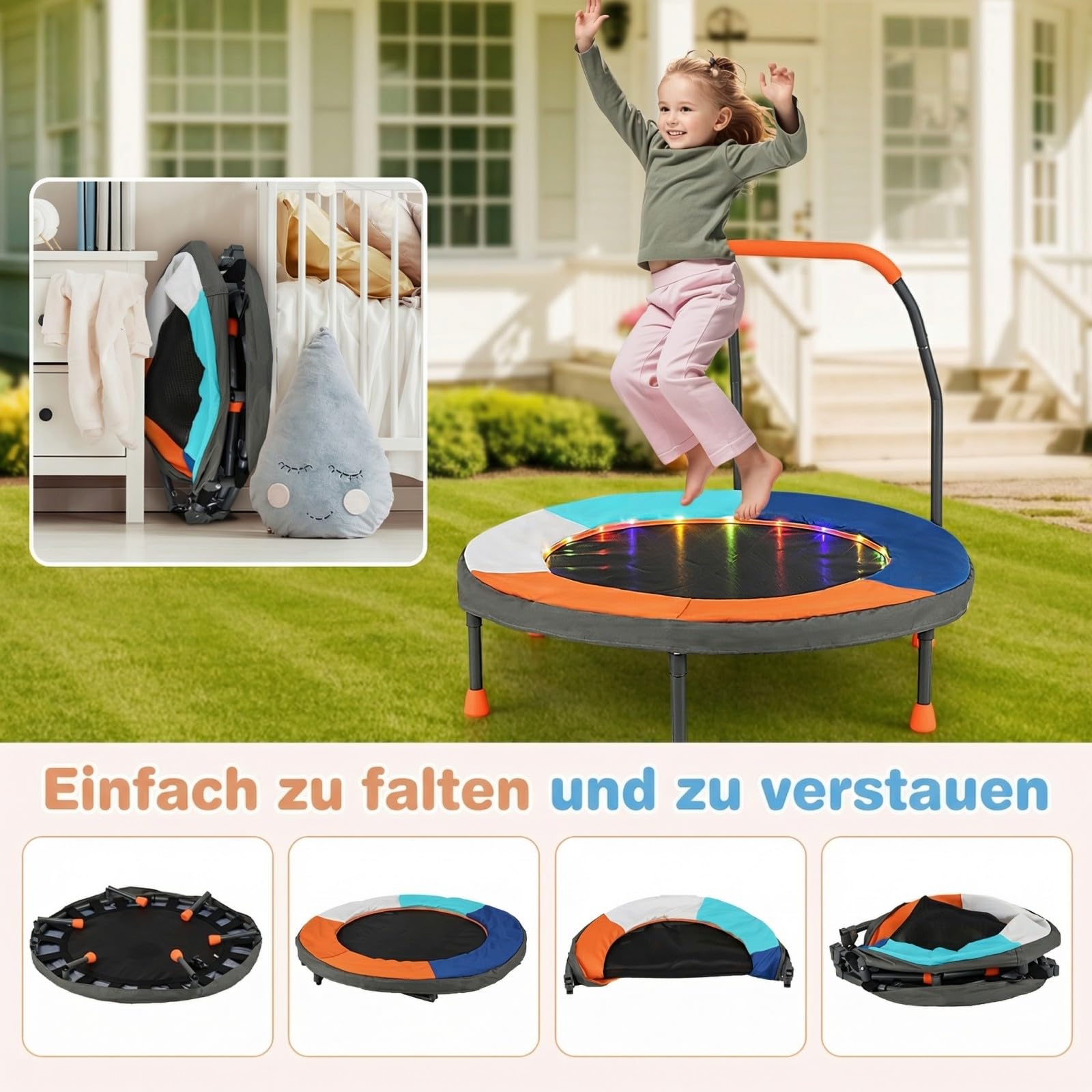COSTWAY Trampolina dla dzieci o średnicy 90 cm, składana, z oświetleniem LED, z uchwytem i torbą do przenoszenia, mała trampolina ogrodowa, dla dzieci od 3 lat (ciemnoniebieska)