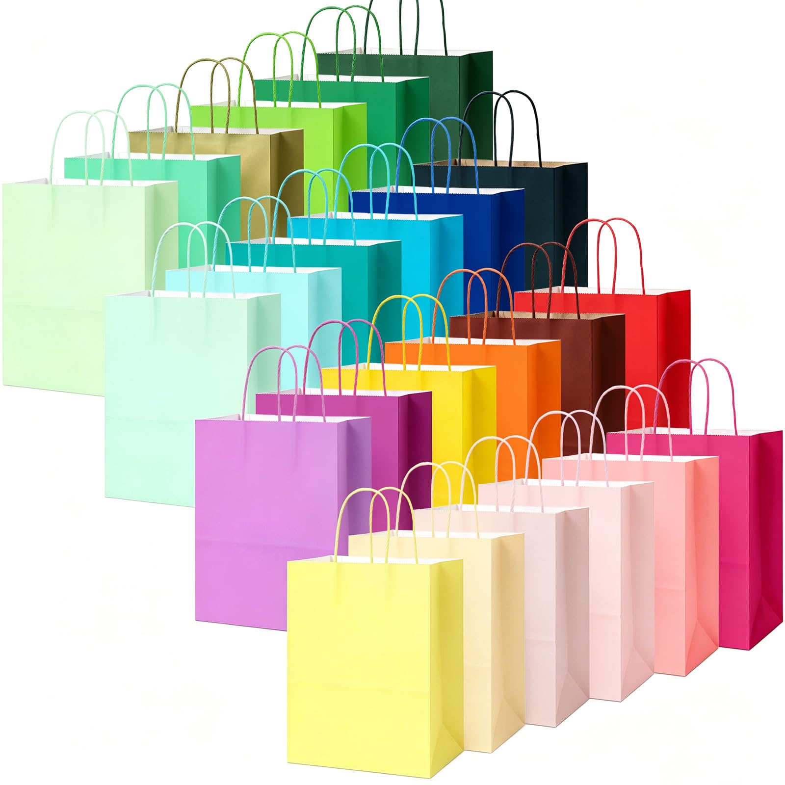 Multipack 24 Colourful Medium Paper Gift Bags With Handles 22x11x27cm, 24 Solid Colours Party Bags for Birthday, Wedding, Party, Retail & Gift Wrapping