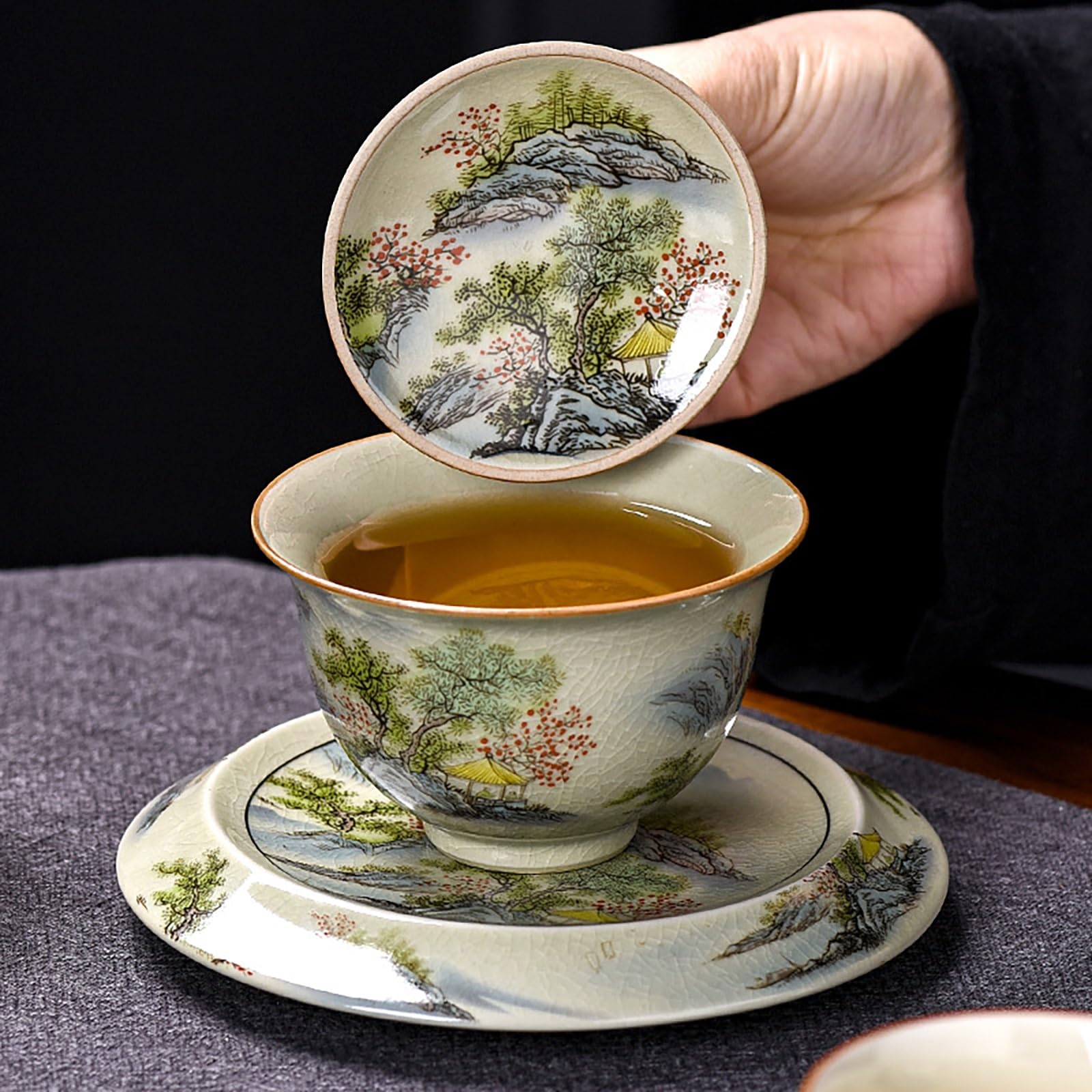 LingXuanGe Gaiwan Tea Cup gaiwan Tea Pot Chinese Tea Cups Chinese Landscape Painting Ceramic Gaiwan Tea Set Sancai Tea Bowl