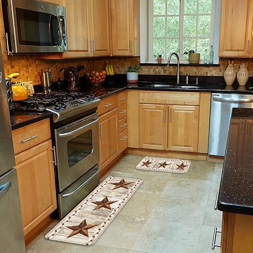 Miniatura 3 de Juego de 2 alfombras rústicas de cocina, tapetes de piso de estrellas del oeste de Texas y bayas primitivas en el campo, tapete de madera de granja,