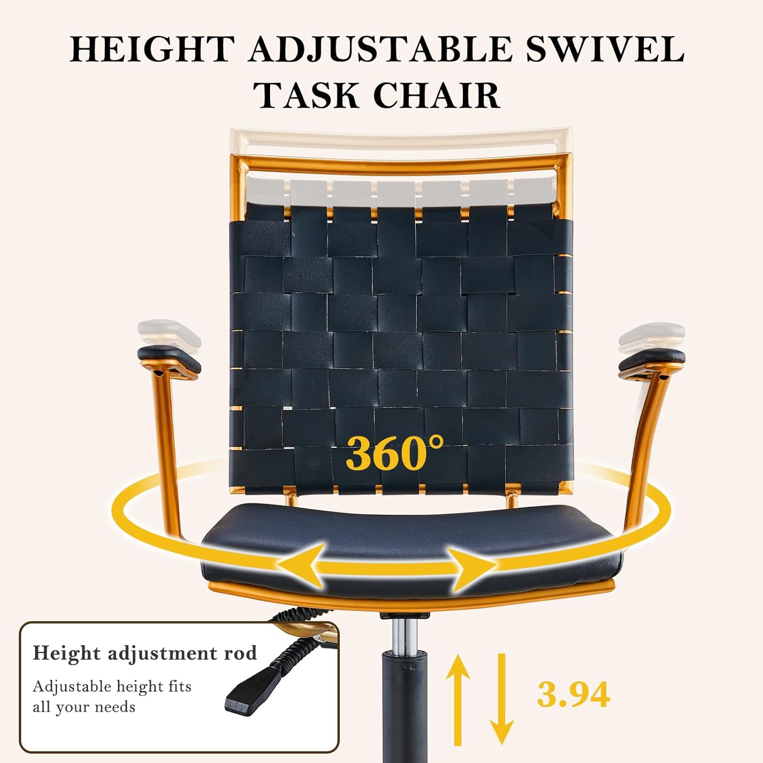 Gold Office Chair Modern Home Office Chair Computer Task Chair Leather Swivel Adjustable Height Cute Vanity Chairs (Black)