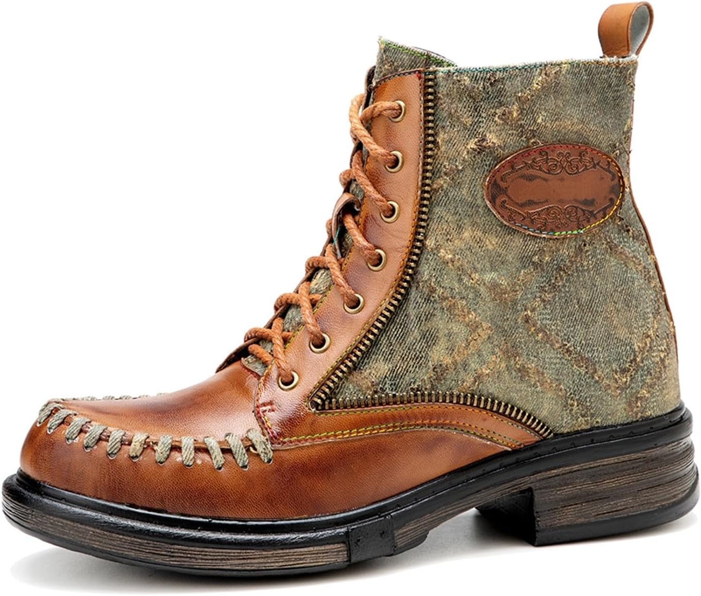 Vintage Patchwork Combat Boots Women's Lace-Up Ankle Boots Distressed Canvas Design Flat Block Heel Zipper Booties