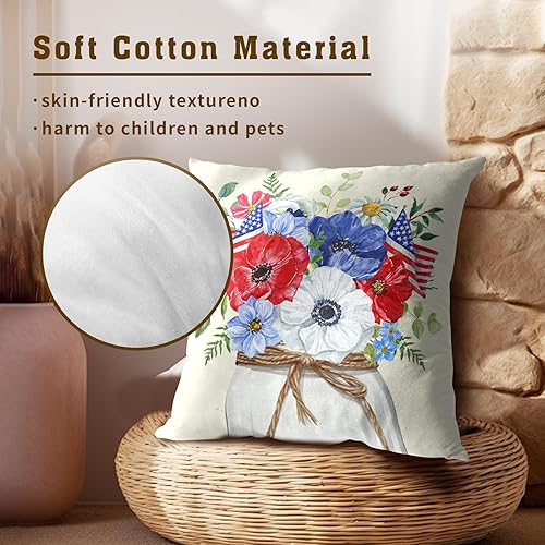 Miniatura 4 de Juego de 2 fundas de almohada para el 4 de julio, 18 x 18 pulgadas, diseño patriótico de línea de algodón con diseño de flores y bandera