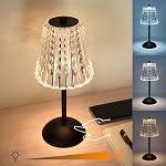 Cordless Table Lamp, Rechargeable Battery Operated Lamp, 3 Color Modes & Stepless Dimmable LED Touch Lamp, Portable Crystal Gold Metal Beside Lamps for Bedroom Living Room Restaurant Outdoor