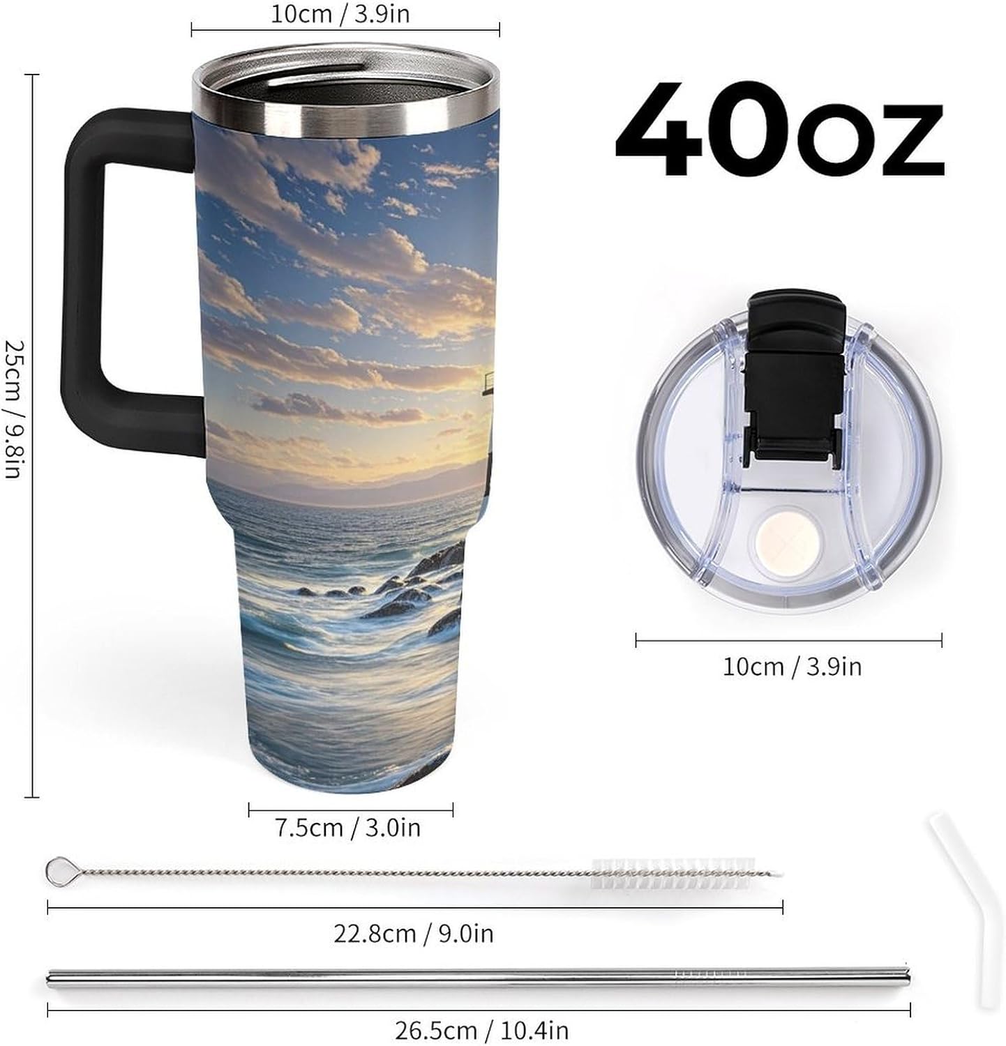 Santa Claus Lighthouse Travel Coffee Mug Reusable Durable Stainless Steel Insulated Tumbler with Handle And Straw Leak Resistant Portable Thermal Cup Gifts for Men Women 40 Oz