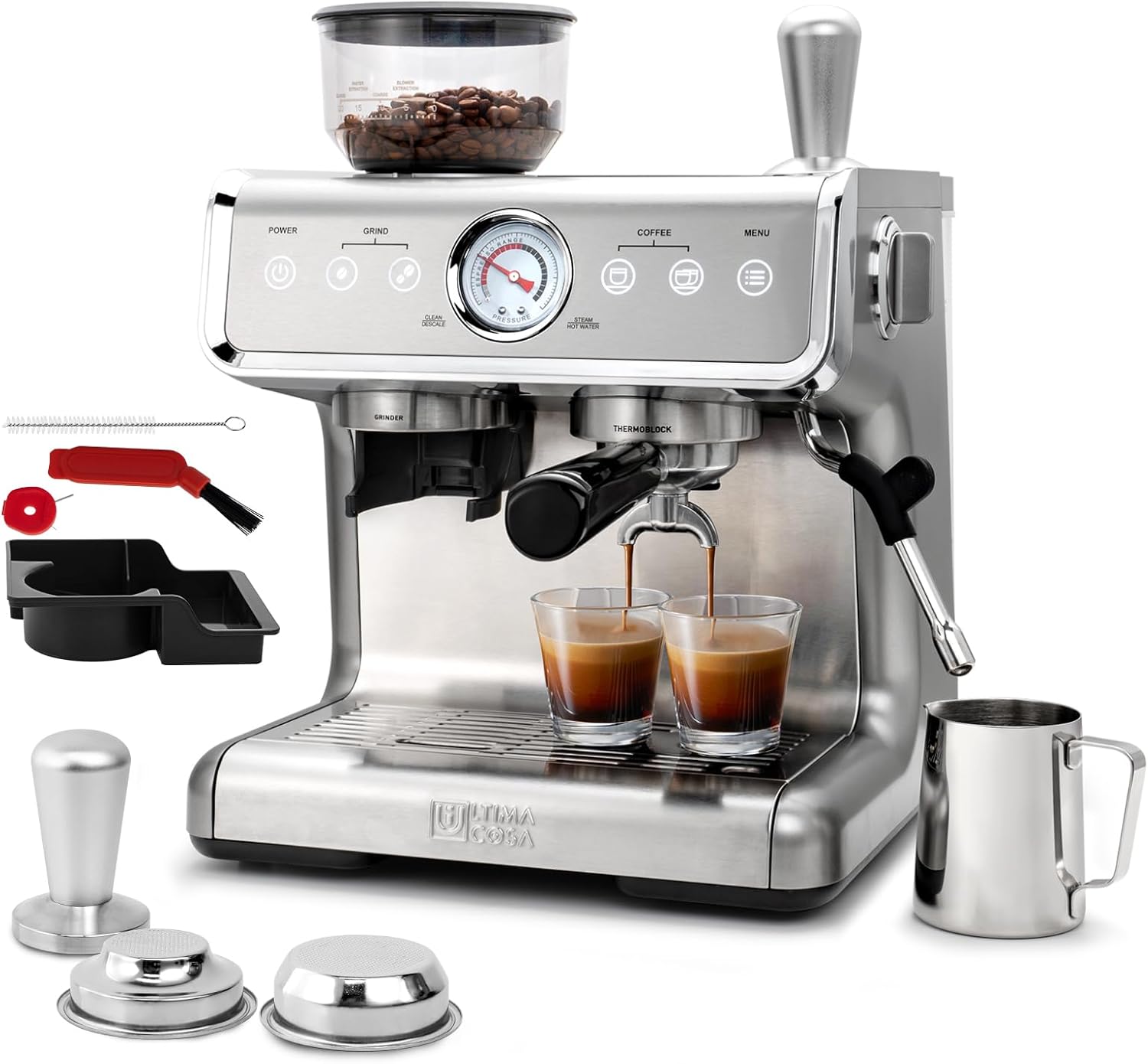 Ultima Cosa Espresso Machine with included accessories like tamper, milk jug, and filters