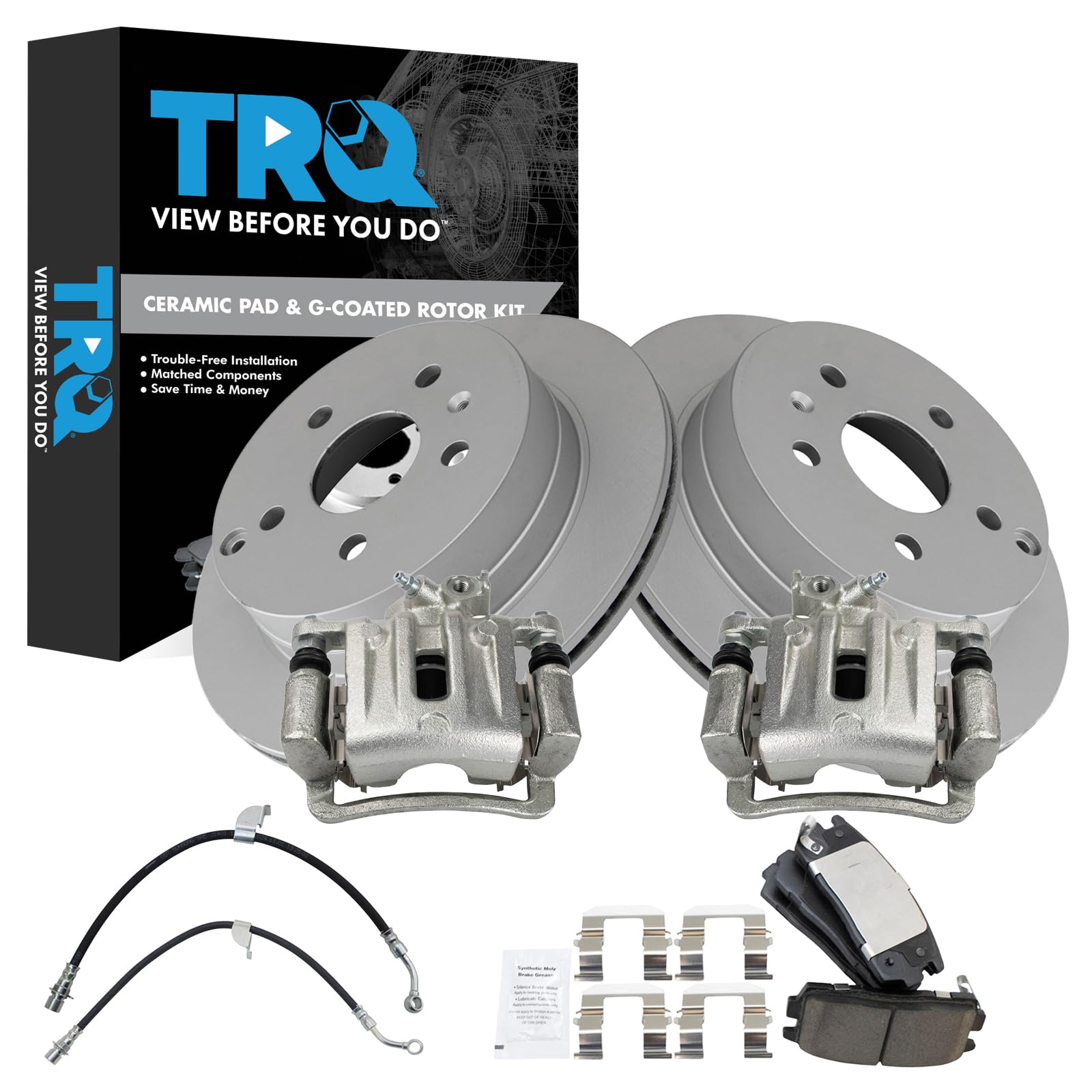 TRQ Rear Brake Pad &amp; Rotor Kit Ceramic Premium G-Coated Compatible with 2017 Chevrolet Equinox GMC Terrain