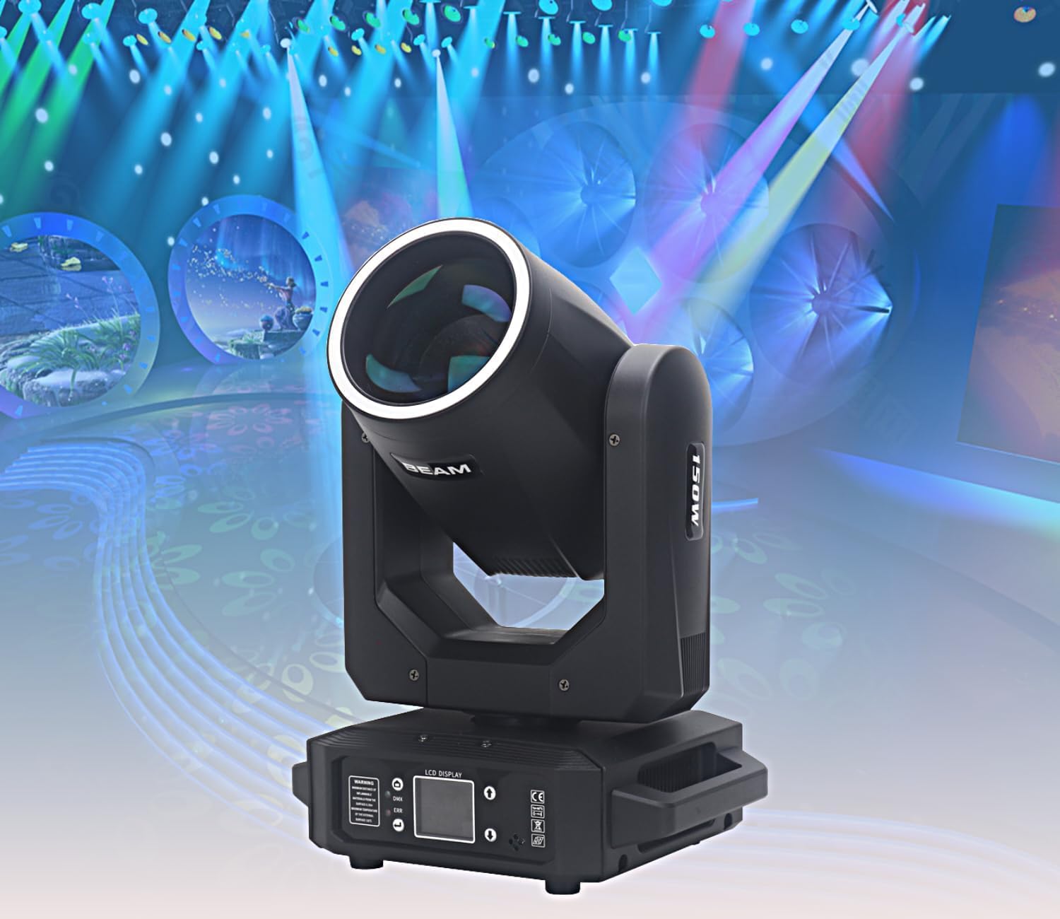 150W LED Moving Head Stage Light LED 150W Stage Light 12 Patterns 8 Colors by DMX 44pcs*0.2W RGB DJ Light Strip Ring and Voice Control for Weddings, Concerts, Outdoor Events