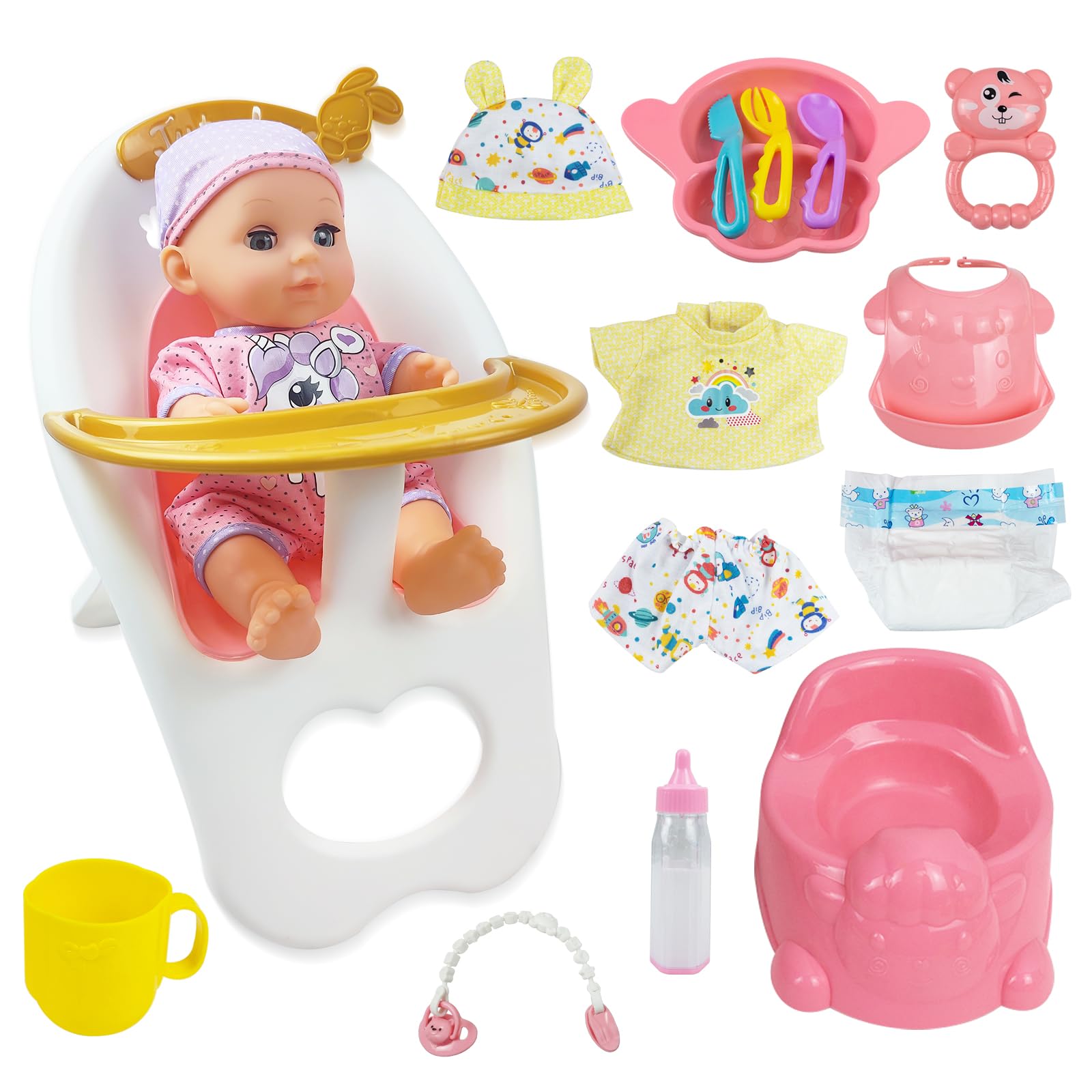 RedCrab Bambola con Accessori, 18 Pezzi Set Bambole per Bambina con Seggiolone, Vestiti, Biberon, Tettarella, Vasino e Pannolini, Giocattolo Regalo per Bambina 2 3 4 5 6 Anni