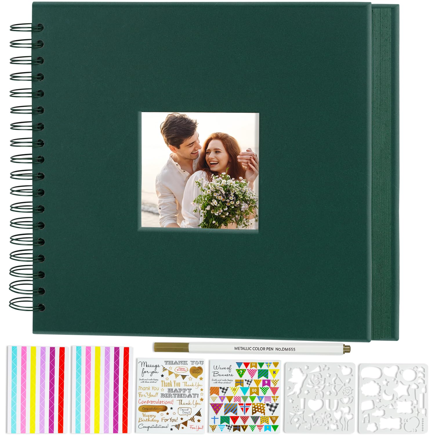 Miaikoe 25.5x25.5 cm DIY Scrapbook Album with Window Hardcover Kraft Blank Paper Scrap Book with 20 Sheets Photo Album for Guest Book Family Wedding Anniversary (Dark Green)
