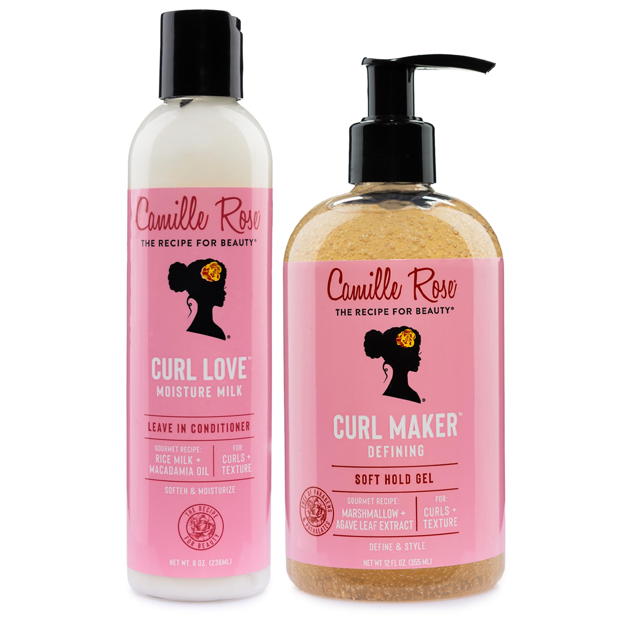 Camille Rose Curly Hair Products Set – Curl Love Moisture Milk Leave-In Conditioner + Curl Maker Defining Gel for All Textures